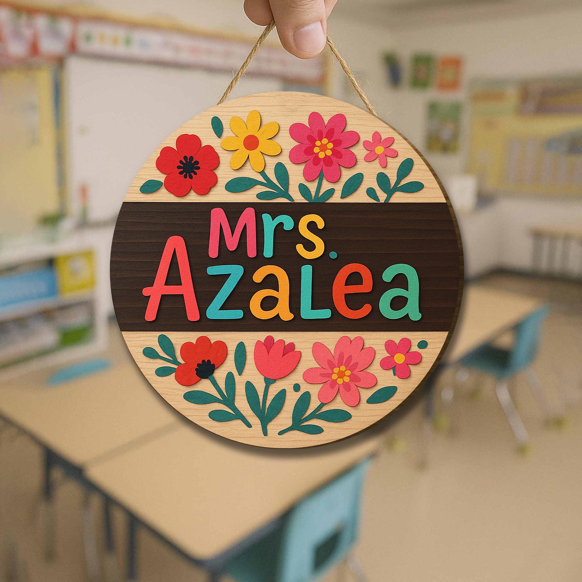 Custom Teacher Door Sign, Floral Round Wooden Name Plaque, Classroom Wall Decor, Back to School Gift, Colorful Educator Hanger