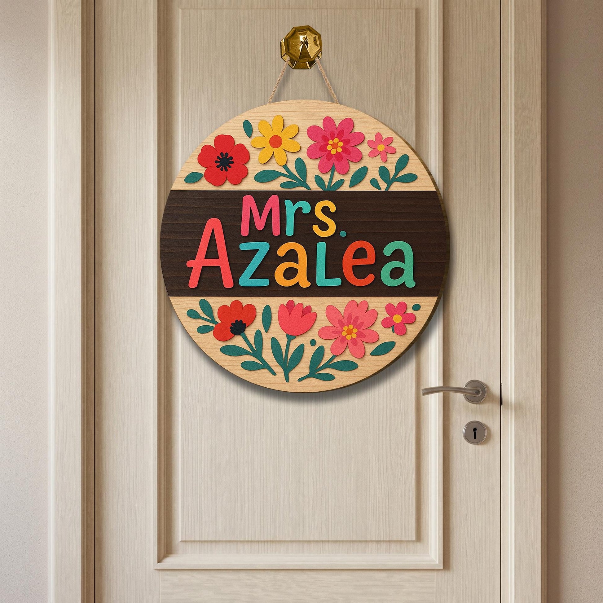 Custom Teacher Door Sign, Floral Round Wooden Name Plaque, Classroom Wall Decor, Back to School Gift, Colorful Educator Hanger