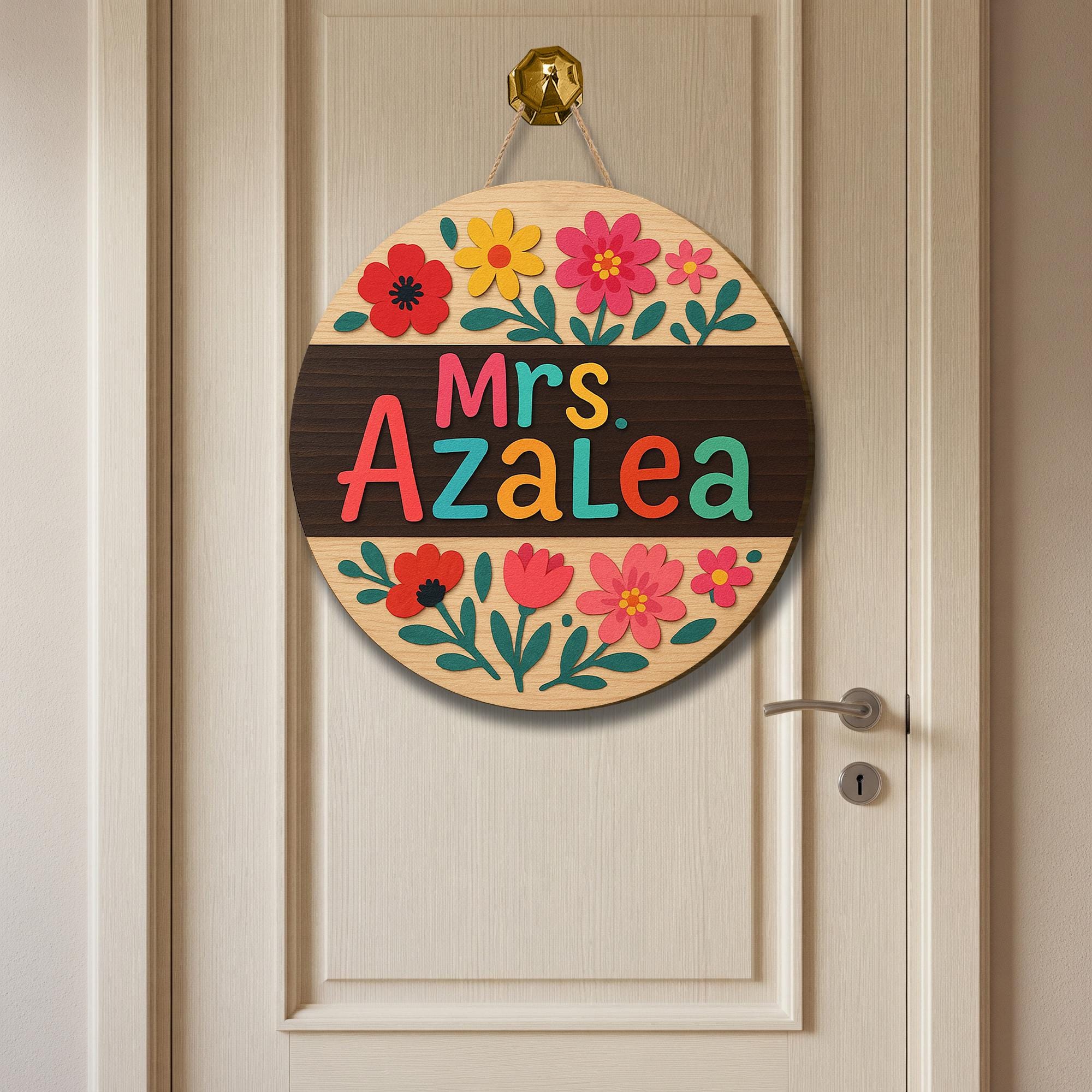 Custom Teacher Door Sign, Floral Round Wooden Name Plaque, Classroom Wall Decor, Back to School Gift, Colorful Educator Hanger
