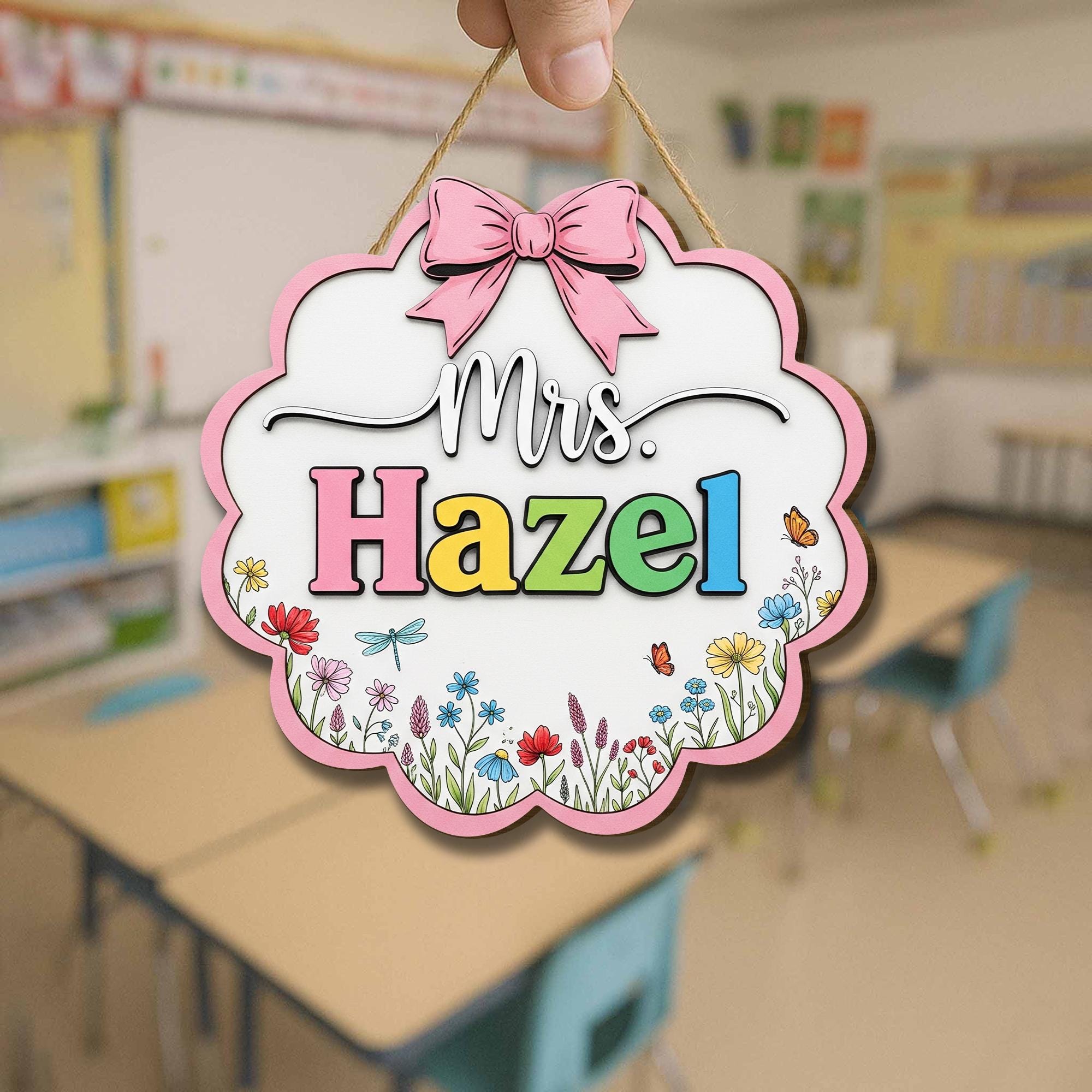 Personalized Teacher Door Sign – Floral Classroom Name Sign with Bow – Custom Back to School Decor for Teachers, Educators, Classroom Decor