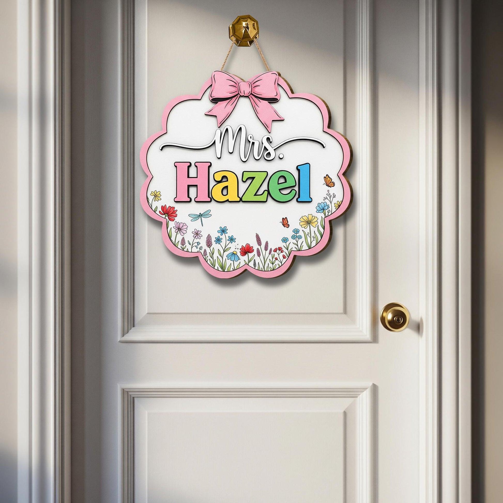 Personalized Teacher Door Sign – Floral Classroom Name Sign with Bow – Custom Back to School Decor for Teachers, Educators, Classroom Decor