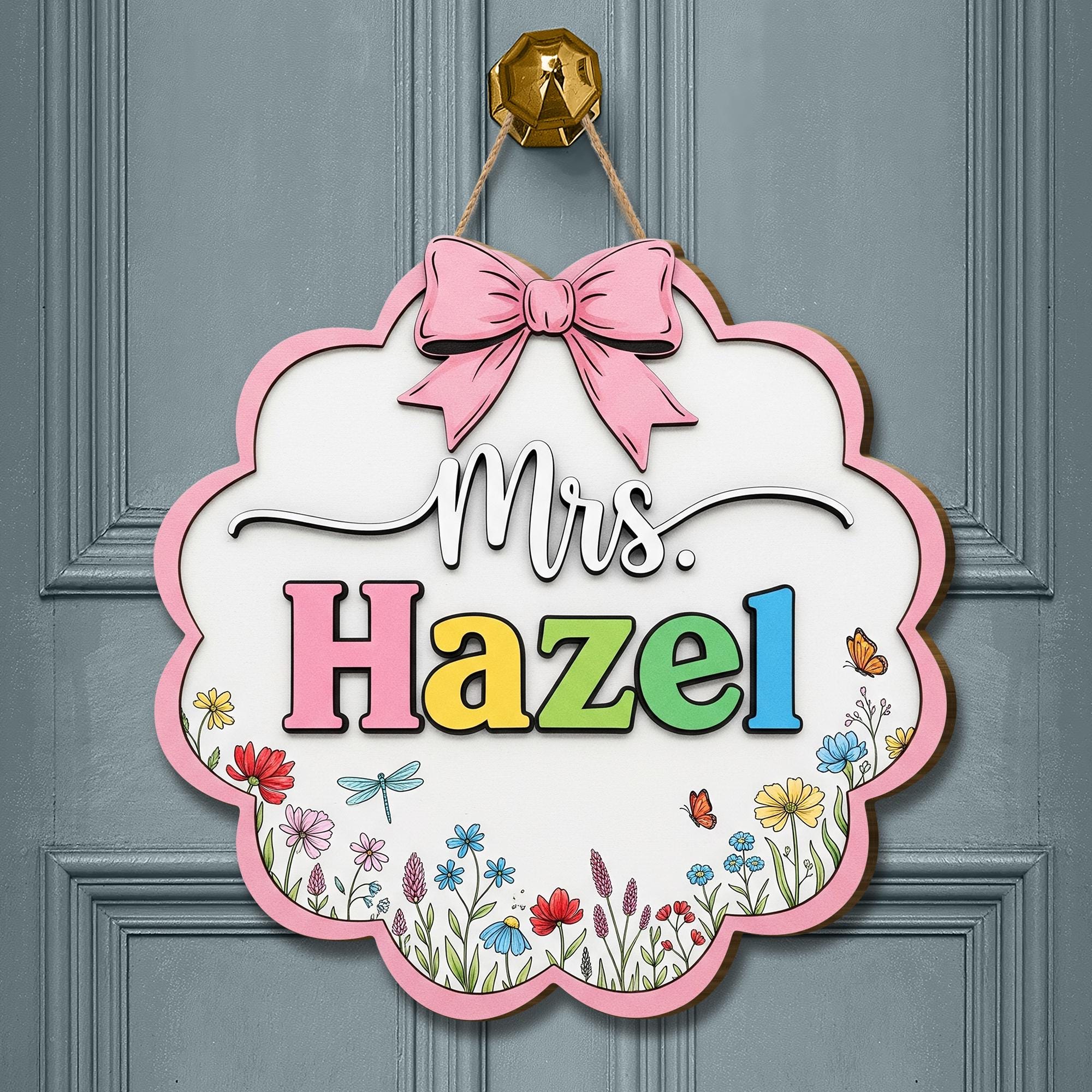 Personalized Teacher Door Sign – Floral Classroom Name Sign with Bow – Custom Back to School Decor for Teachers, Educators, Classroom Decor