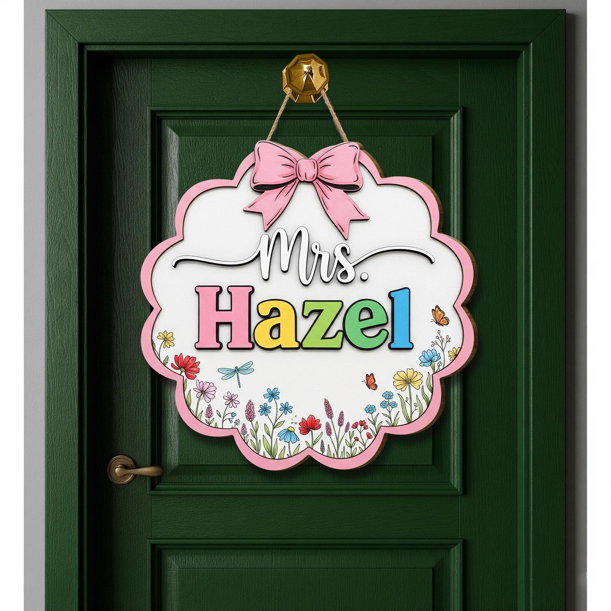 Personalized Teacher Door Sign – Floral Classroom Name Sign with Bow – Custom Back to School Decor for Teachers, Educators, Classroom Decor