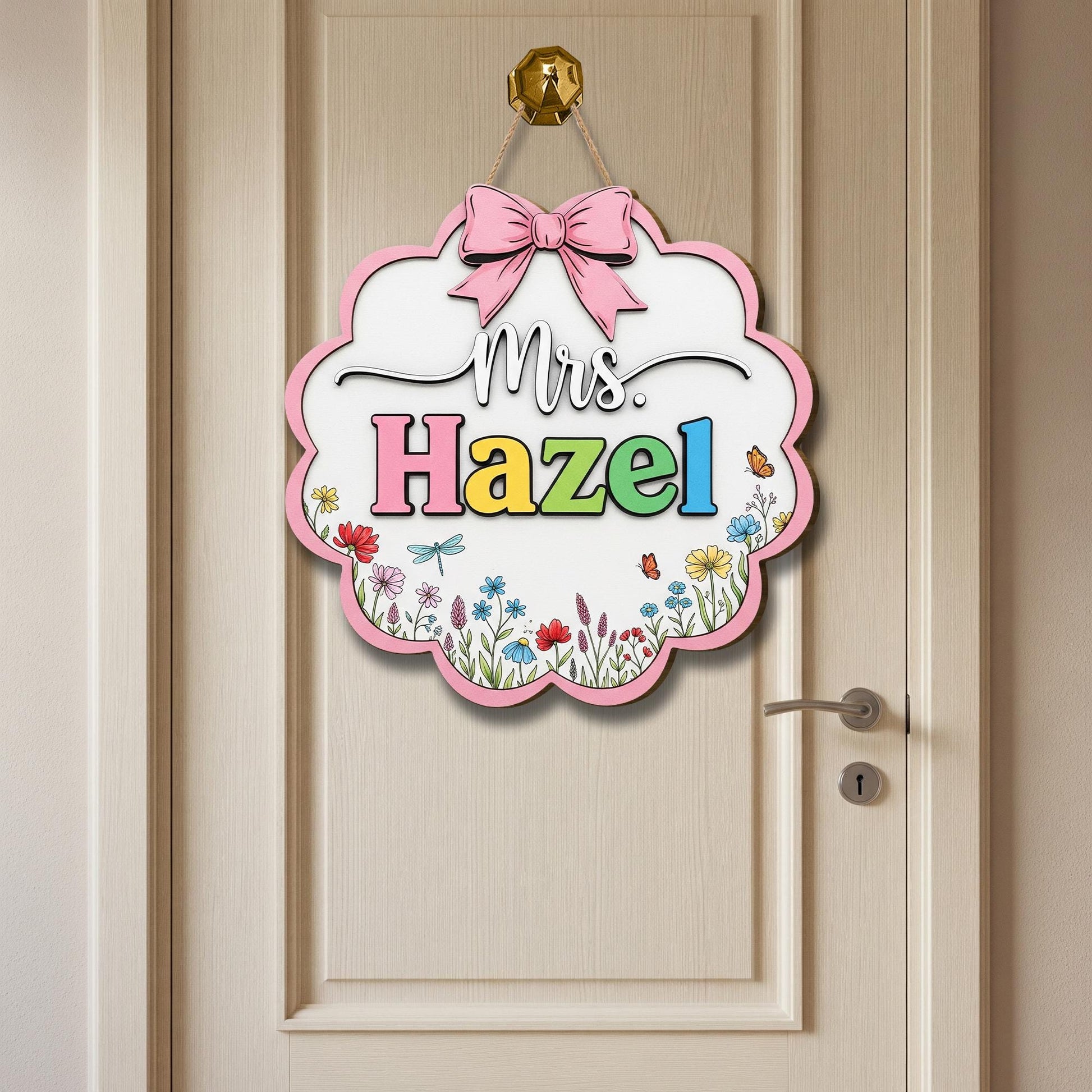 Personalized Teacher Door Sign – Floral Classroom Name Sign with Bow – Custom Back to School Decor for Teachers, Educators, Classroom Decor