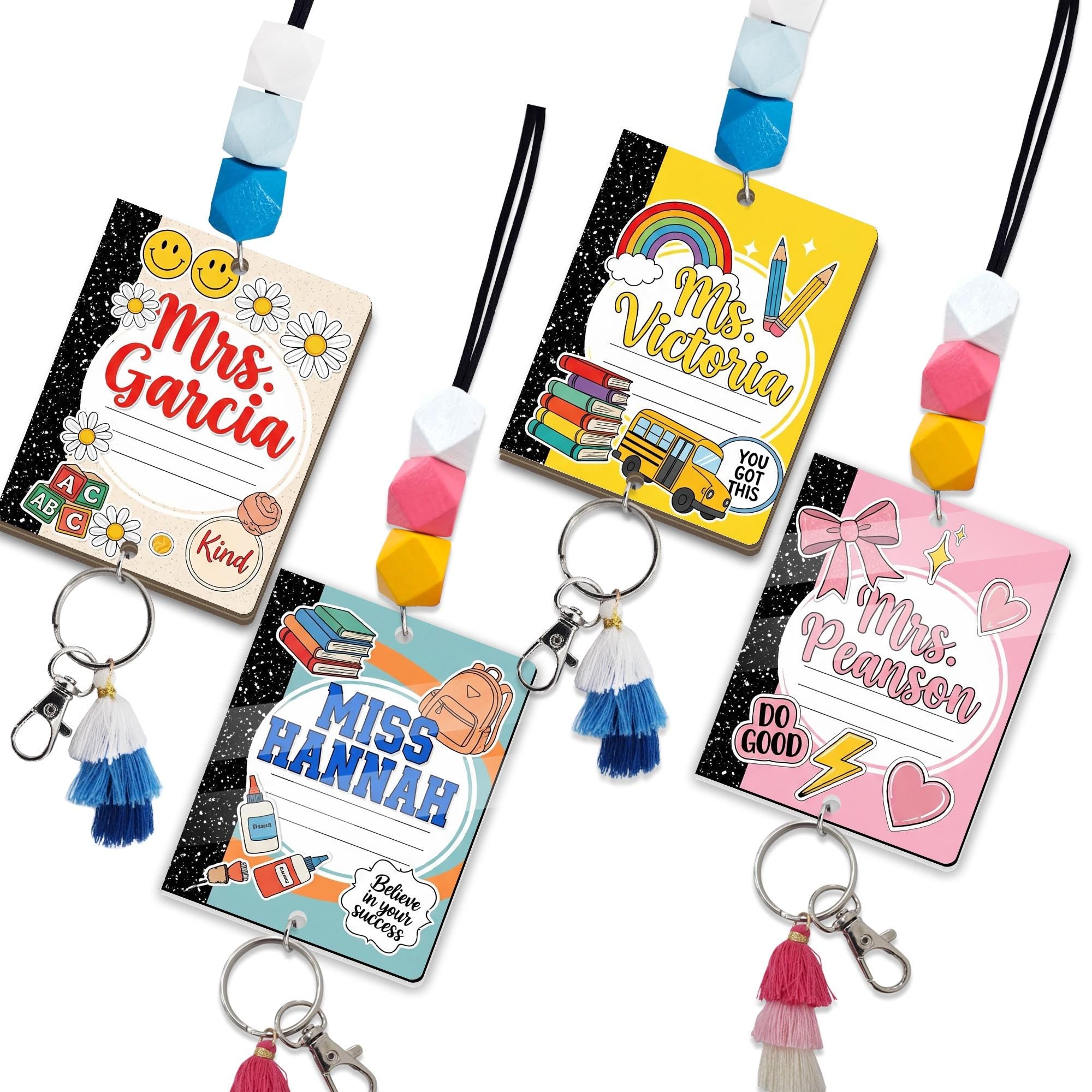 Teacher ID Badge with Beaded Lanyard, Personalized Teacher Name Tag, Cute Classroom Accessory, Back to School Gift for Educators, Lanyard