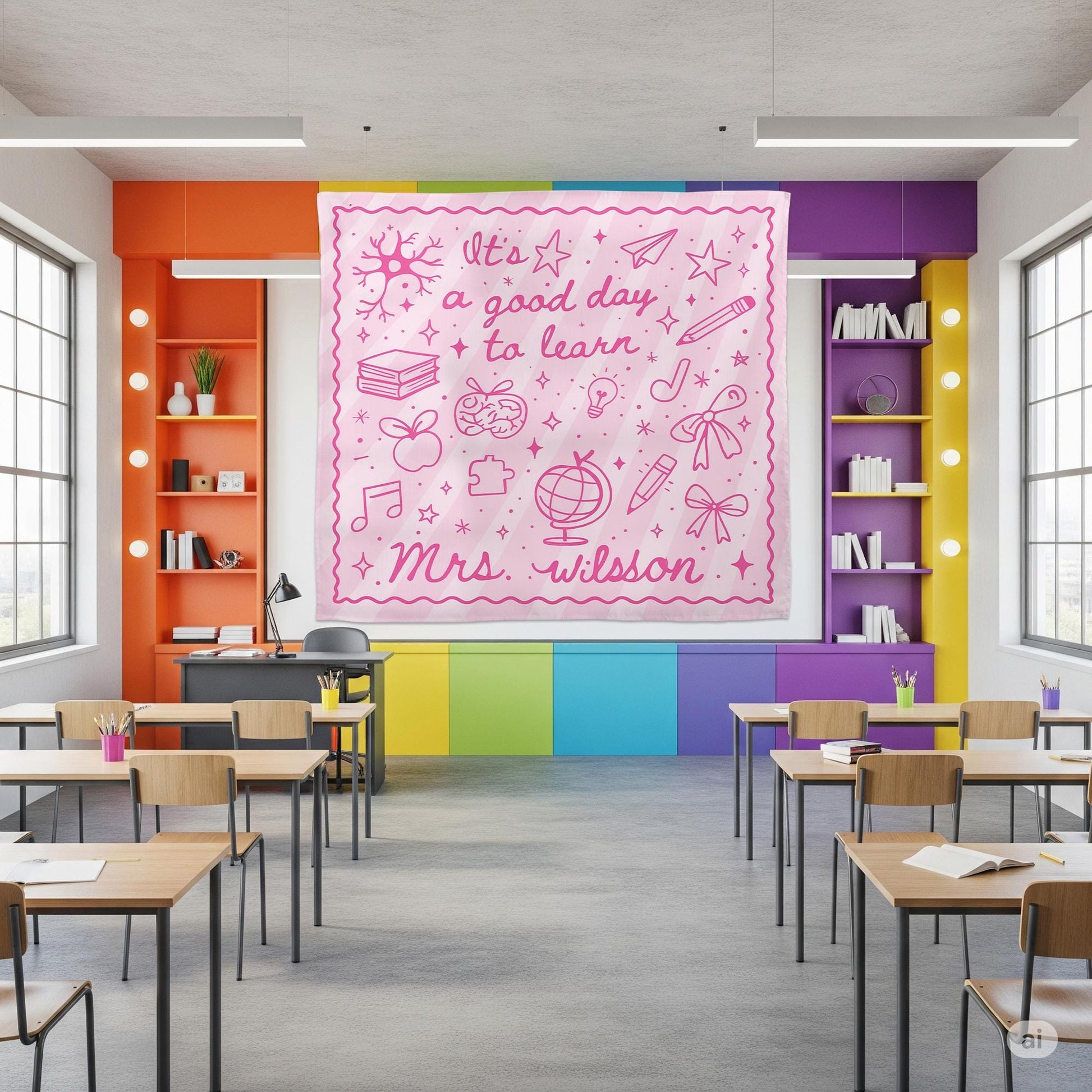 It's a Good Day to Learn Tapestry – Personalized Pink Classroom Sign for Teachers – Custom Back to School Decor with Name, Classroom Banner