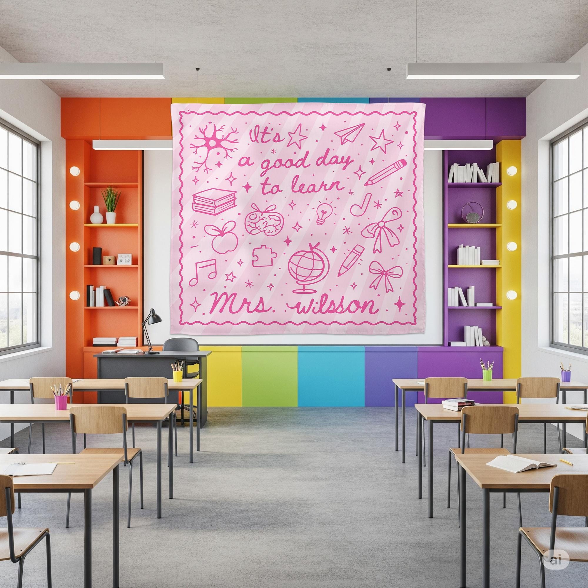 It's a Good Day to Learn Tapestry – Personalized Pink Classroom Sign for Teachers – Custom Back to School Decor with Name, Classroom Banner