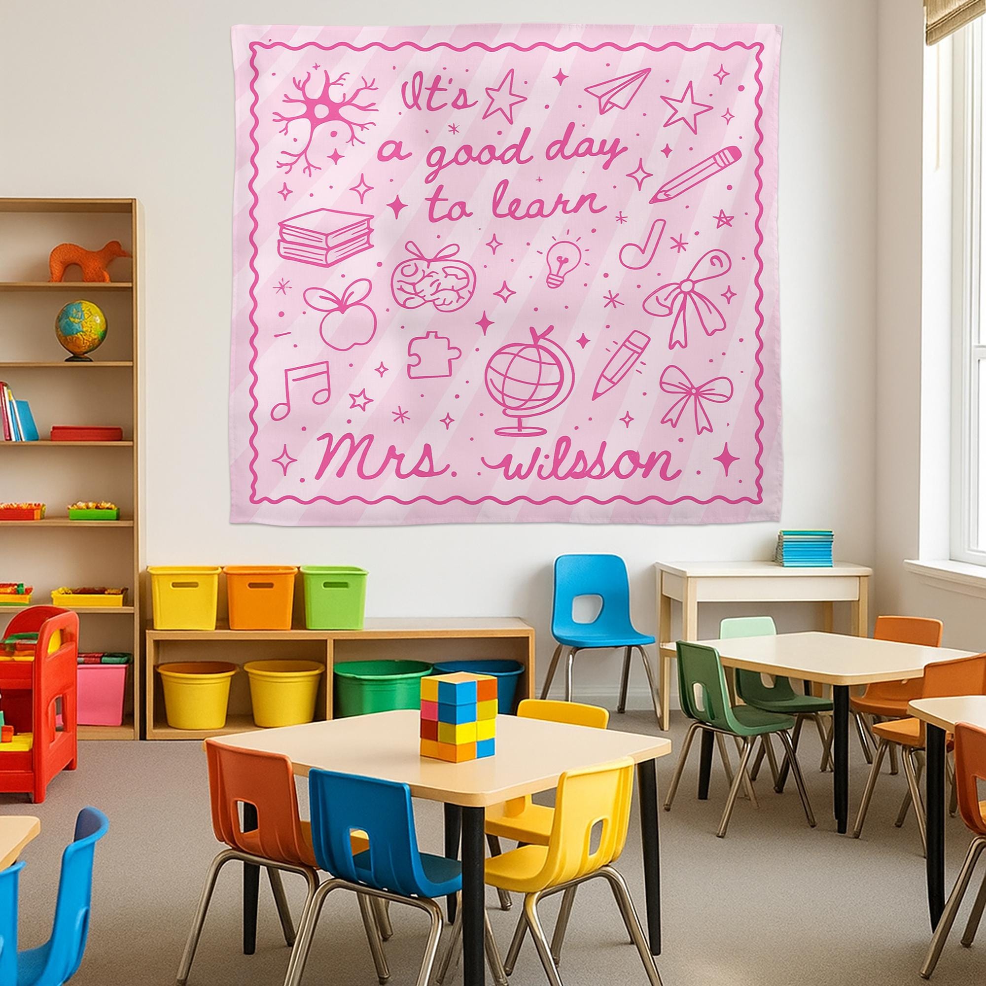 It's a Good Day to Learn Tapestry – Personalized Pink Classroom Sign for Teachers – Custom Back to School Decor with Name, Classroom Banner