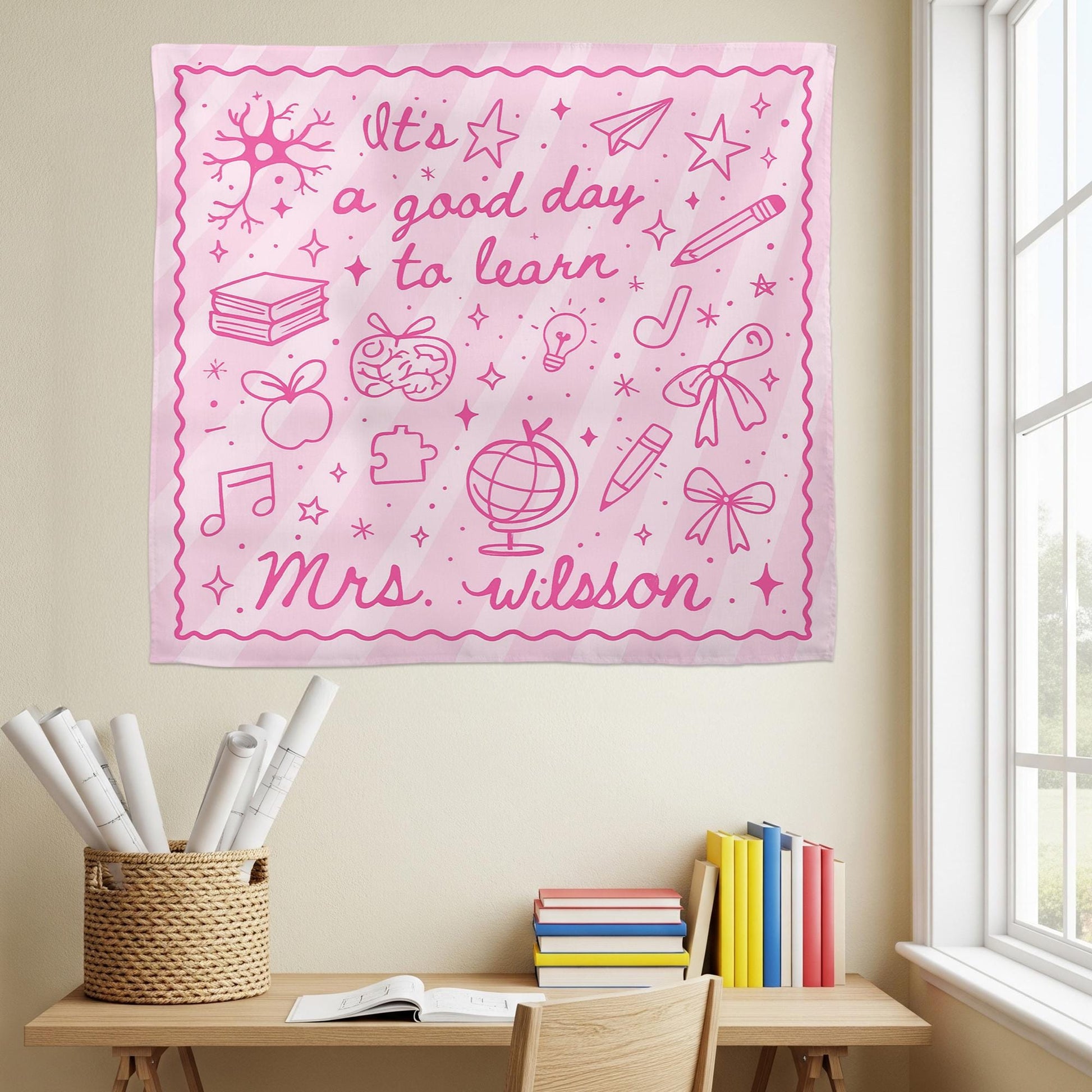 It's a Good Day to Learn Tapestry – Personalized Pink Classroom Sign for Teachers – Custom Back to School Decor with Name, Classroom Banner