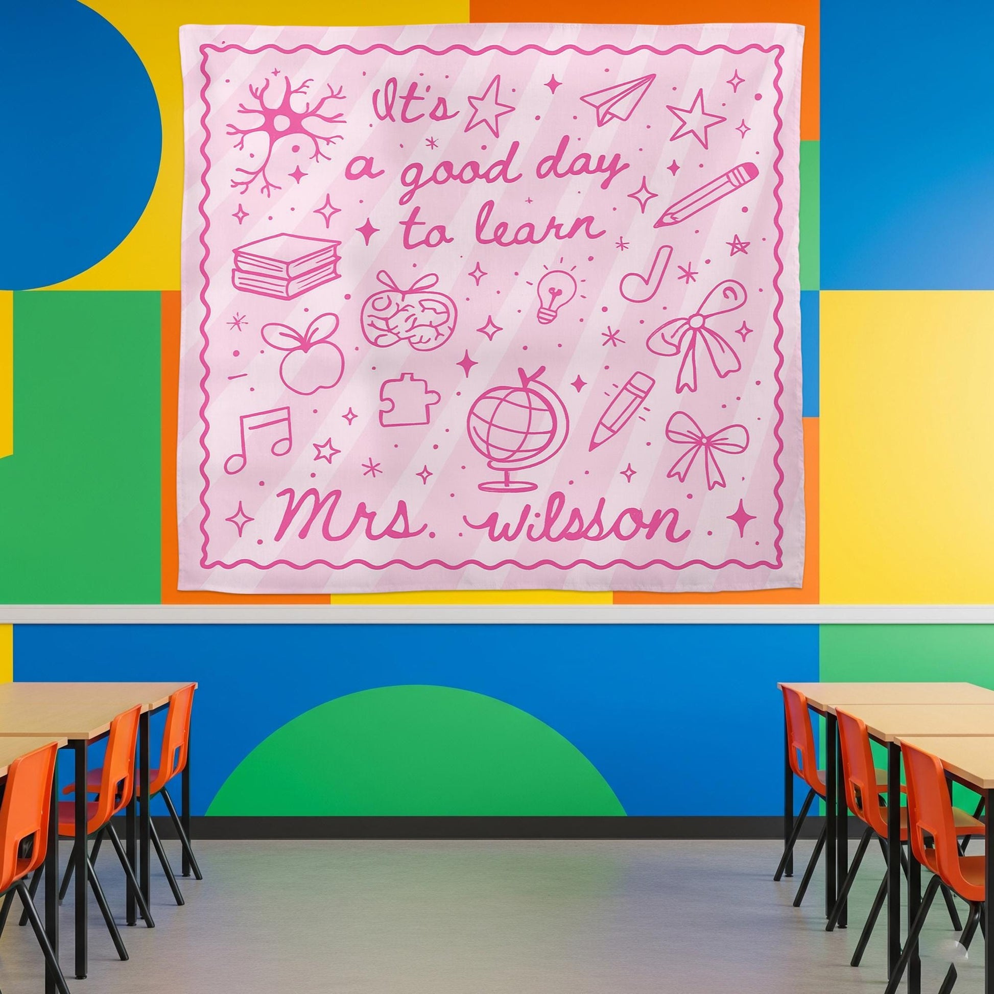 It's a Good Day to Learn Tapestry – Personalized Pink Classroom Sign for Teachers – Custom Back to School Decor with Name, Classroom Banner