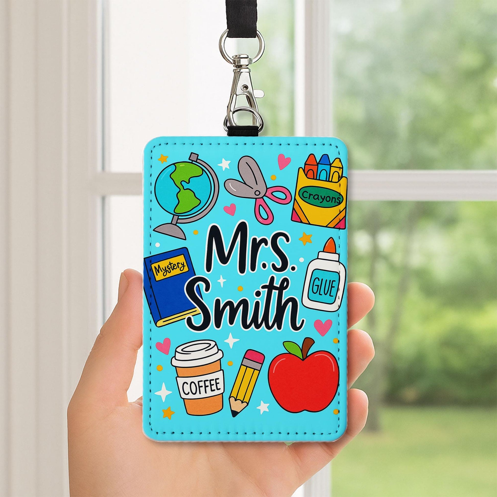 Personalized Teacher Badge Holder, Cute School Supplies ID Card Holder with Name, Custom Lanyard Gift for Teachers, Educator, Back To School