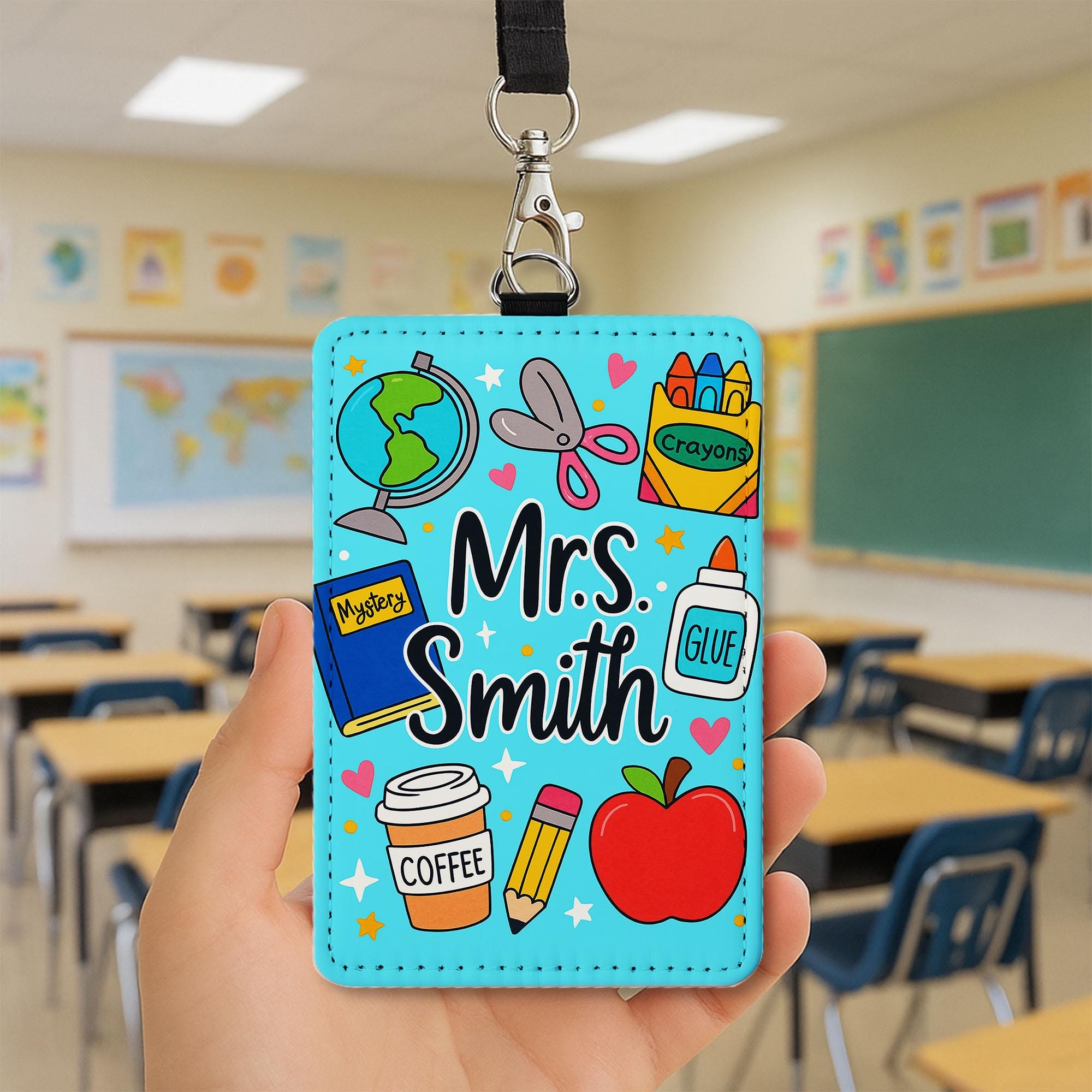 Personalized Teacher Badge Holder, Cute School Supplies ID Card Holder with Name, Custom Lanyard Gift for Teachers, Educator, Back To School