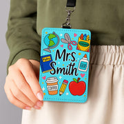 Personalized Teacher Badge Holder, Cute School Supplies ID Card Holder with Name, Custom Lanyard Gift for Teachers, Educator, Back To School