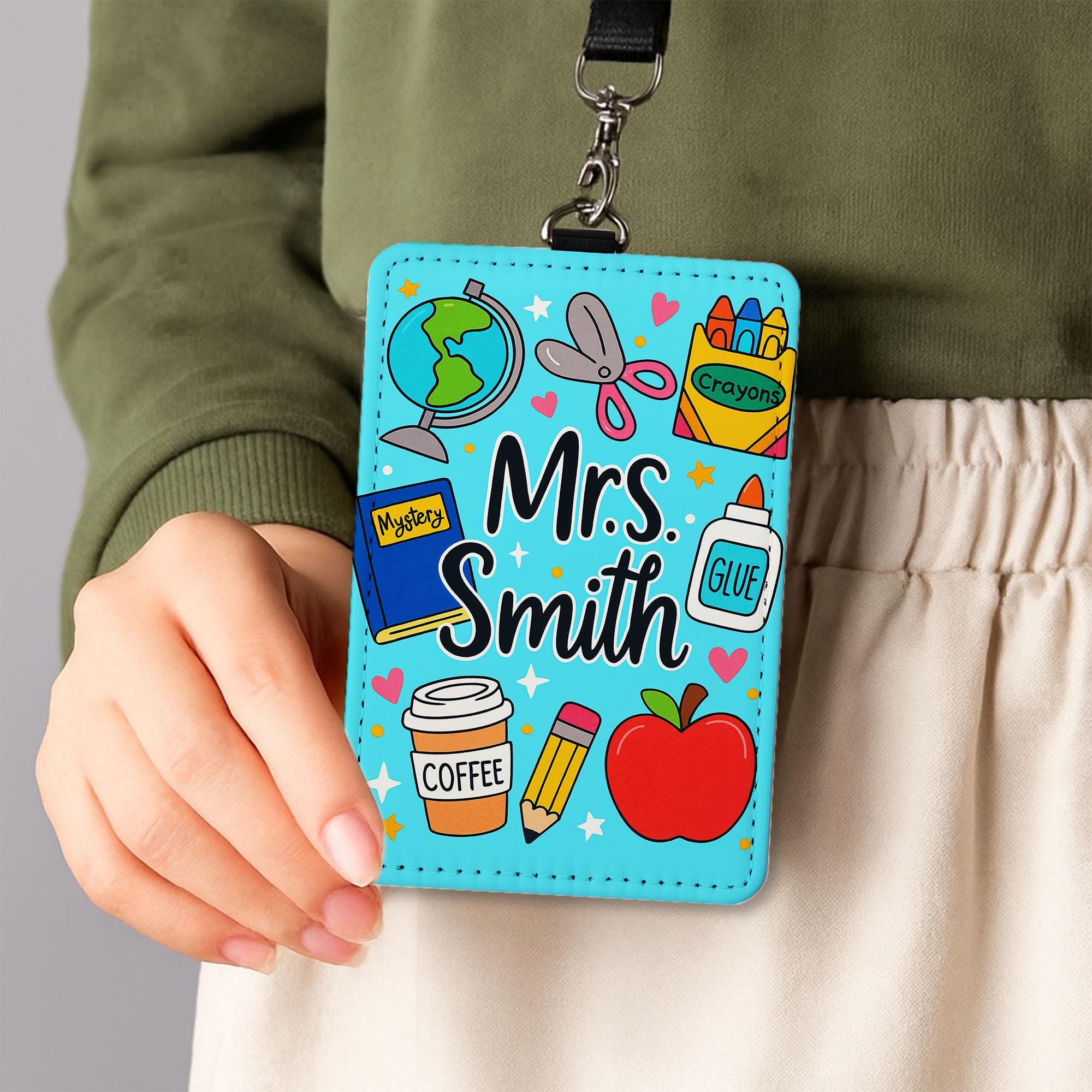 Personalized Teacher Badge Holder, Cute School Supplies ID Card Holder with Name, Custom Lanyard Gift for Teachers, Educator, Back To School