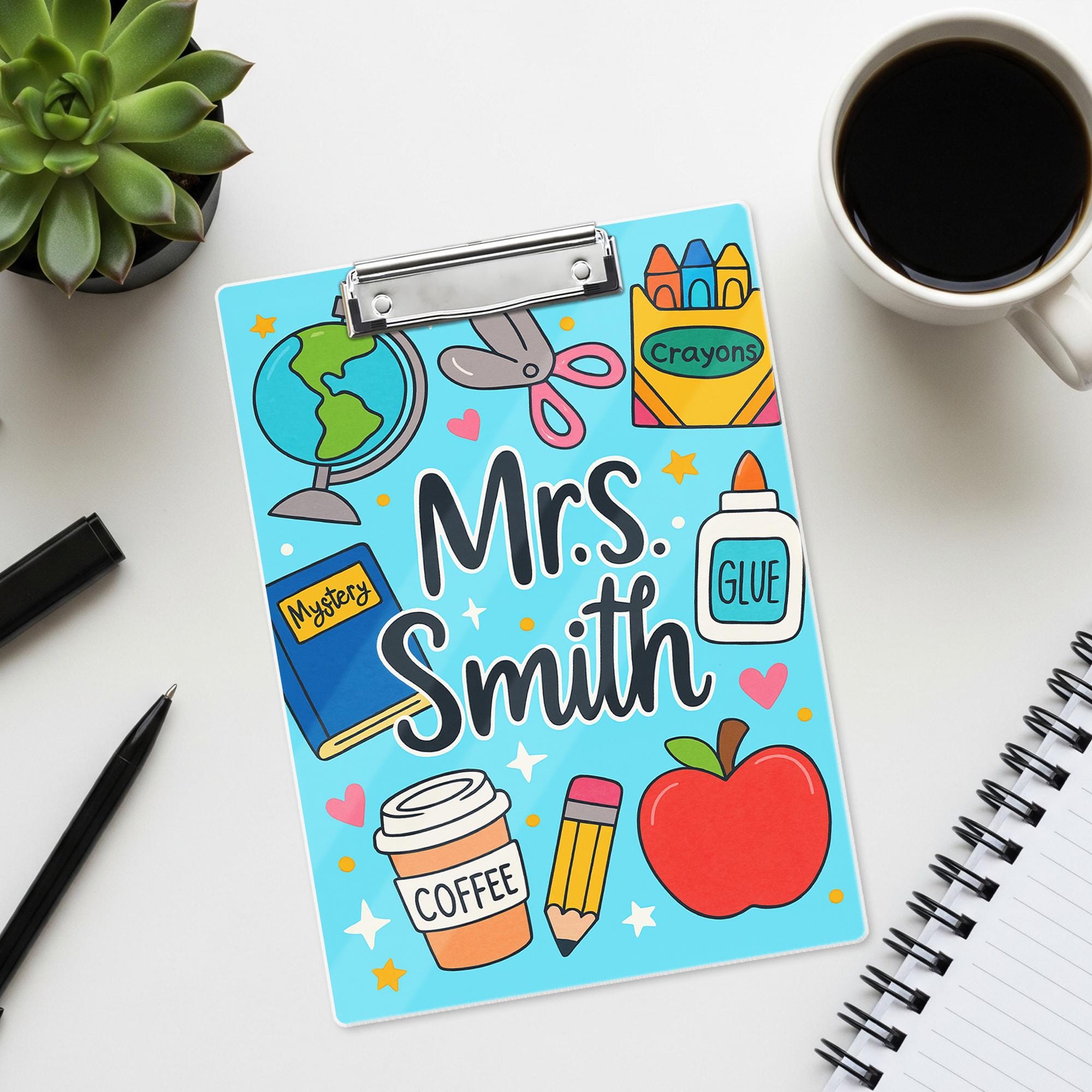 Personalized Teacher Clipboard – Cute School Supplies Design with Custom Name – Back to School Gift for Educators, Teachers, School Supplies