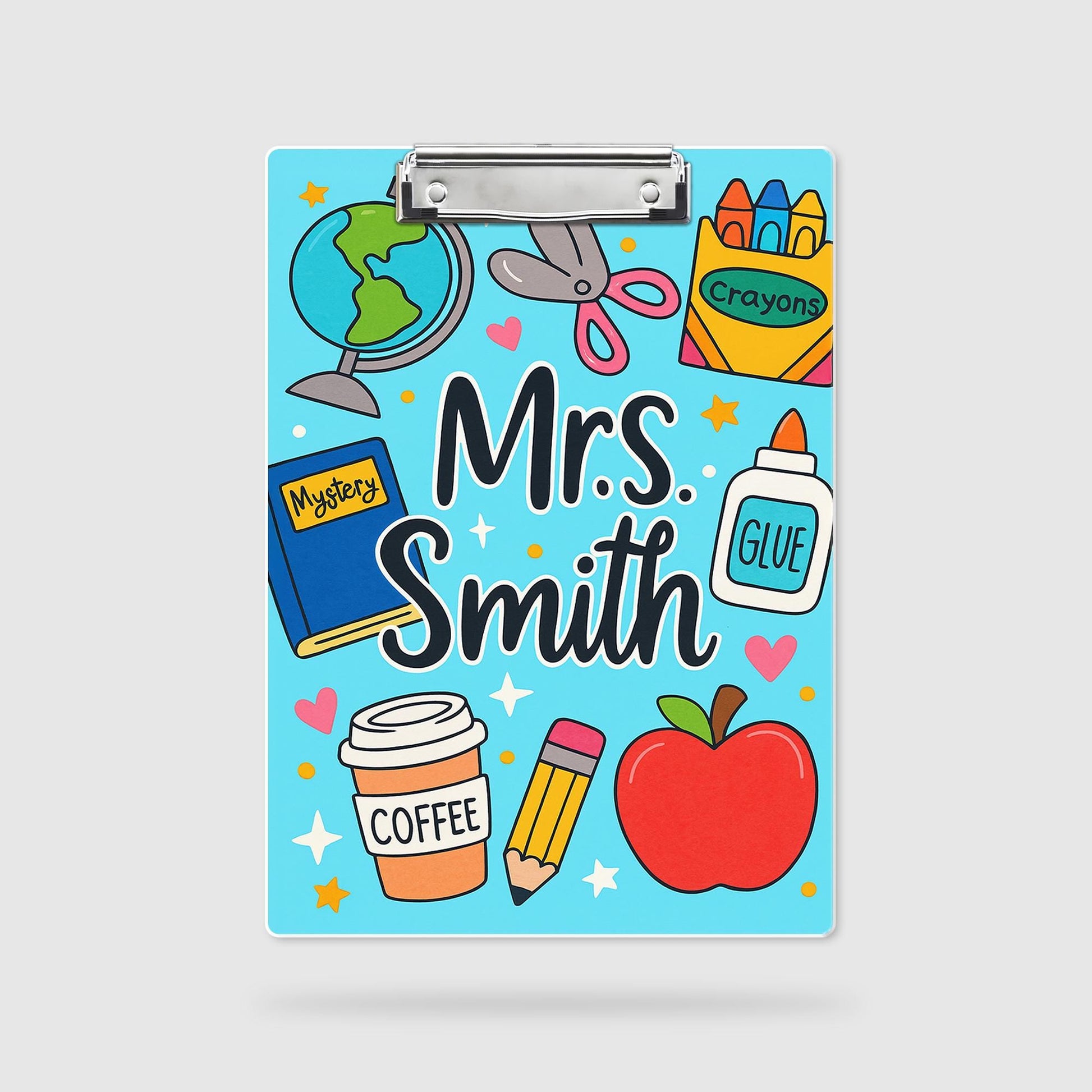 Personalized Teacher Clipboard – Cute School Supplies Design with Custom Name – Back to School Gift for Educators, Teachers, School Supplies