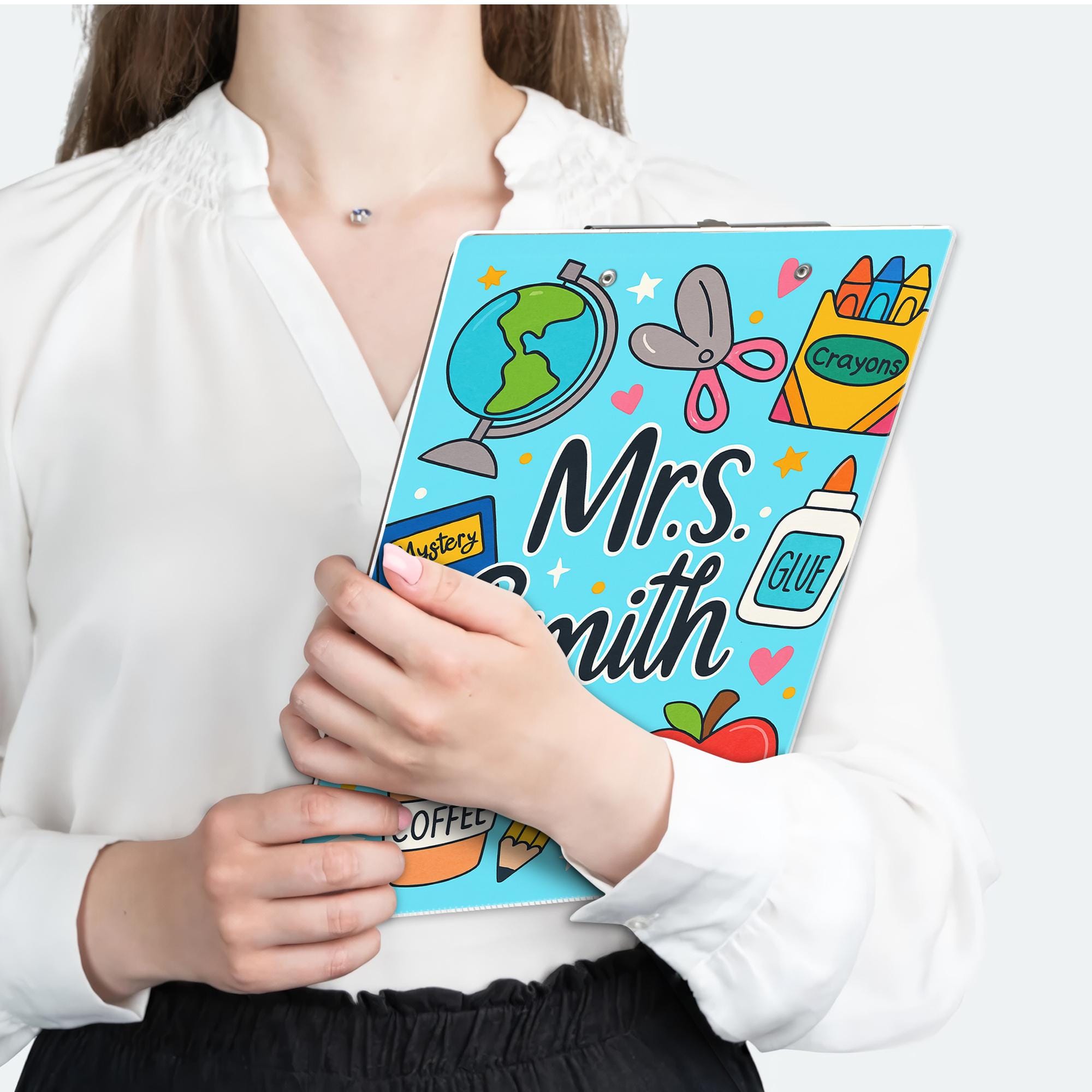 Personalized Teacher Clipboard – Cute School Supplies Design with Custom Name – Back to School Gift for Educators, Teachers, School Supplies