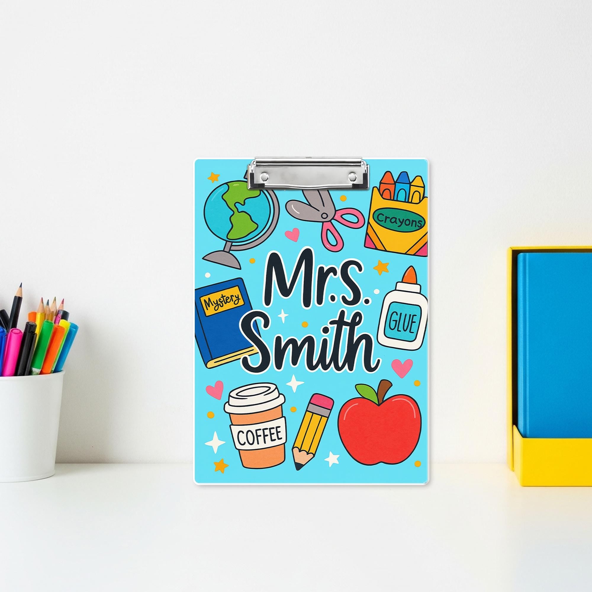 Personalized Teacher Clipboard – Cute School Supplies Design with Custom Name – Back to School Gift for Educators, Teachers, School Supplies