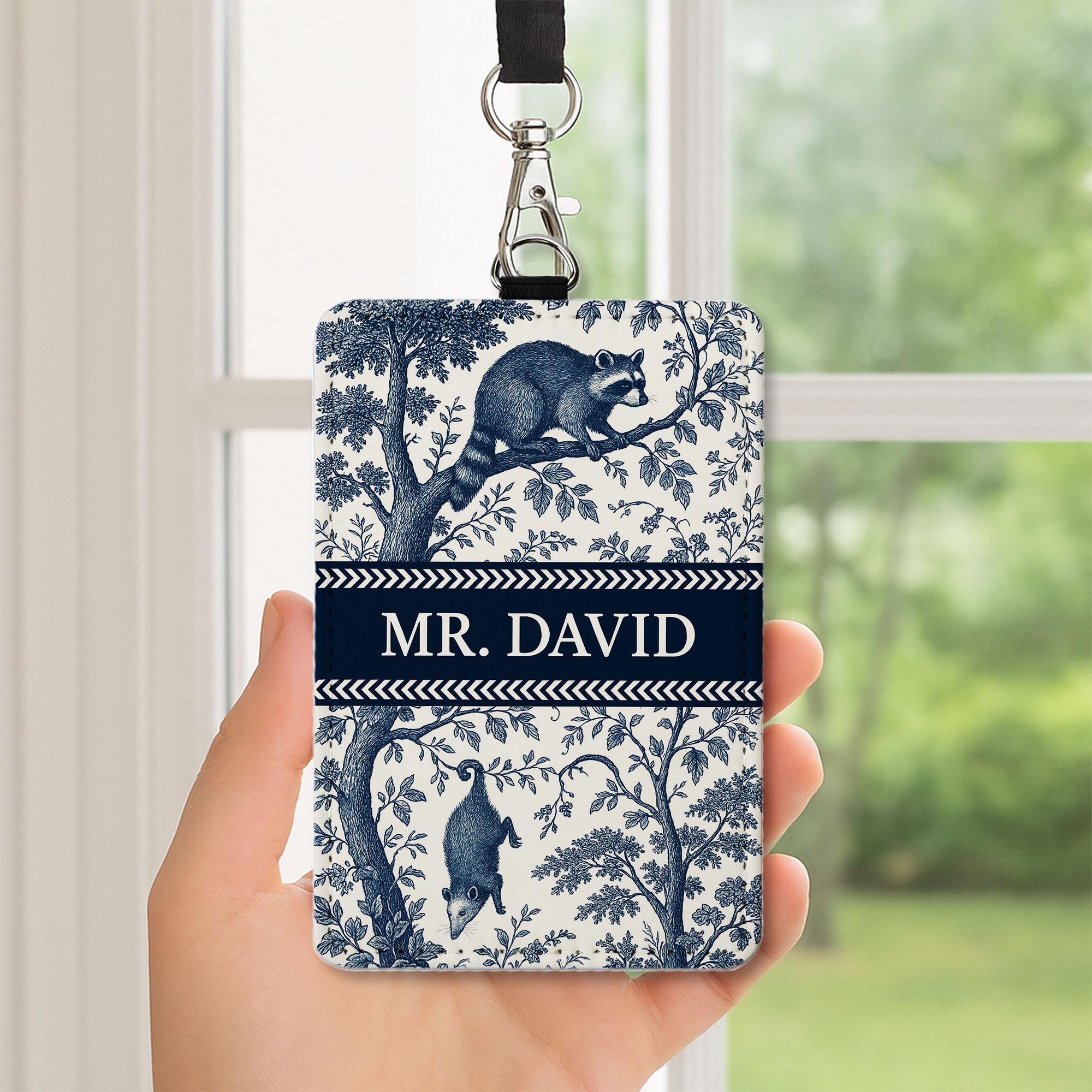 Toile De Jouy Badge Holder, Custom Teacher ID Card, Elegant Blue Vintage Lanyard Tag, Personalized Classroom Accessory, Possum Raccoon Badge