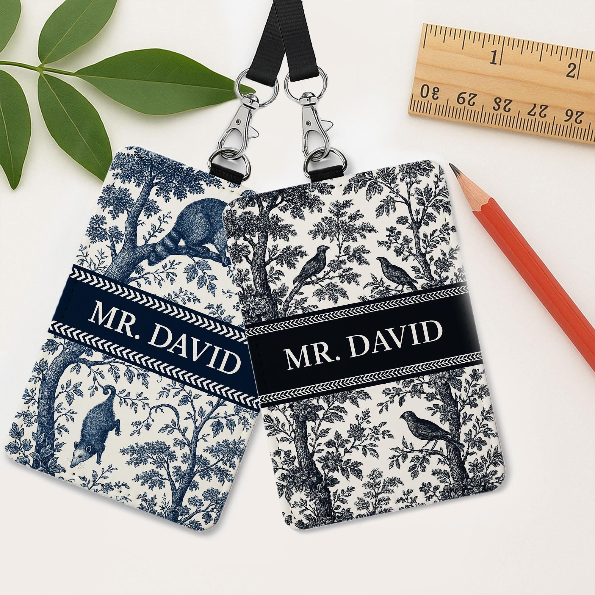 Toile De Jouy Badge Holder, Custom Teacher ID Card, Elegant Blue Vintage Lanyard Tag, Personalized Classroom Accessory, Possum Raccoon Badge
