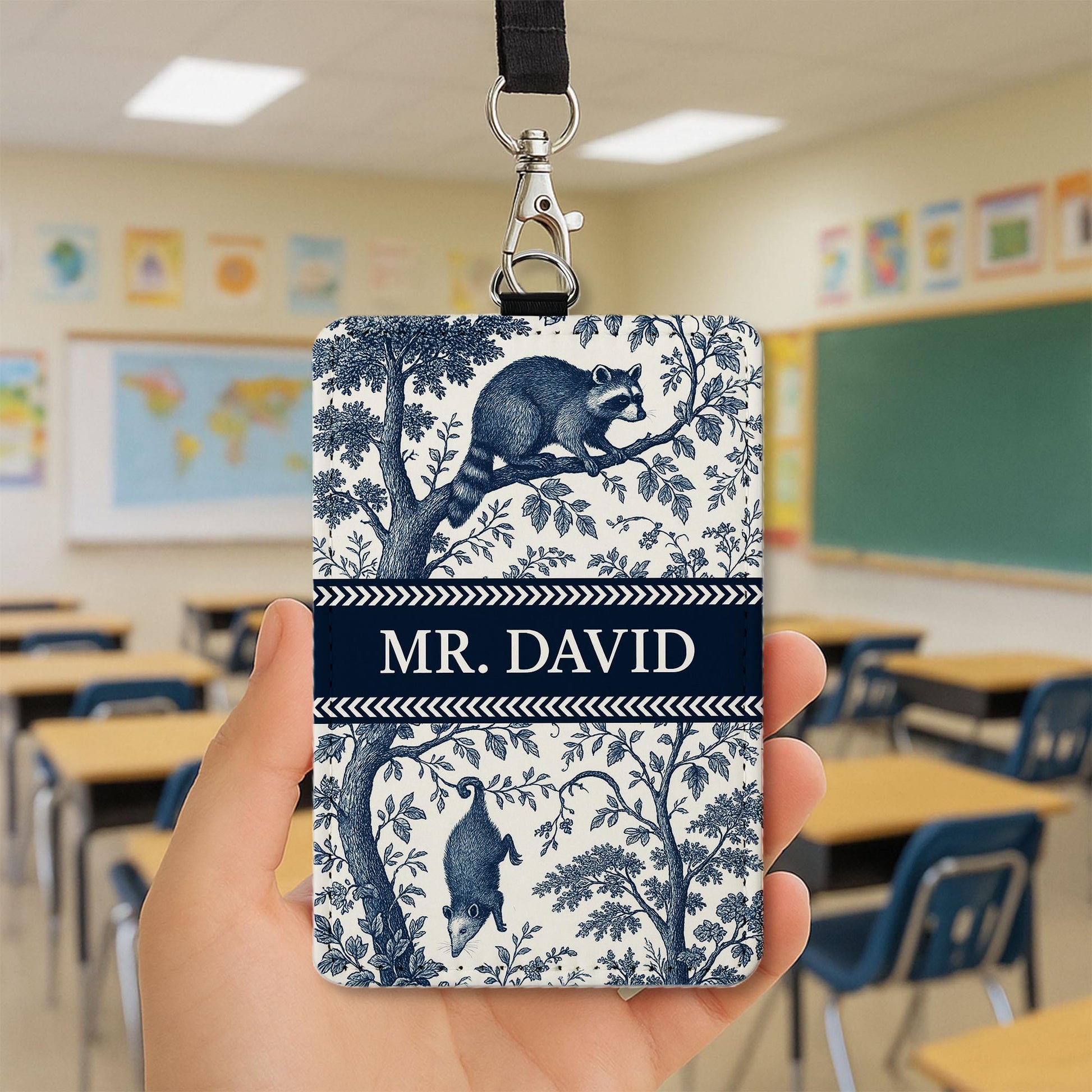 Toile De Jouy Badge Holder, Custom Teacher ID Card, Elegant Blue Vintage Lanyard Tag, Personalized Classroom Accessory, Possum Raccoon Badge