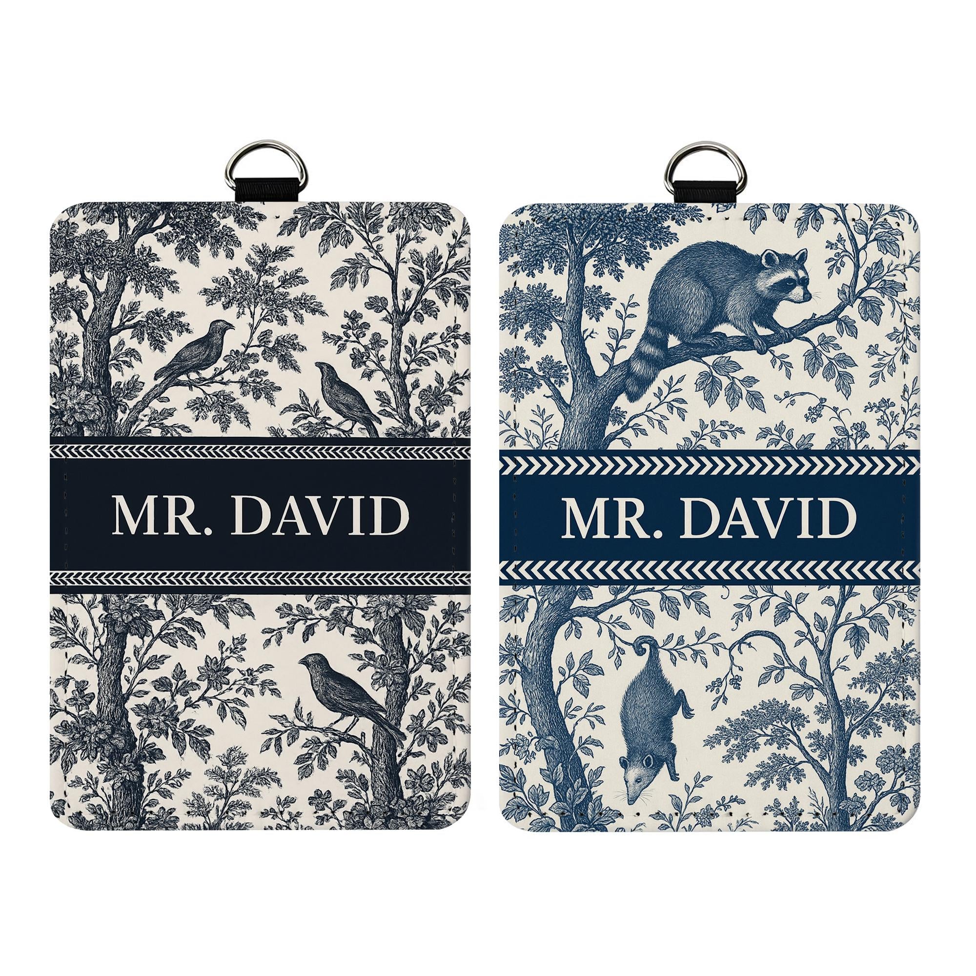Toile De Jouy Badge Holder, Custom Teacher ID Card, Elegant Blue Vintage Lanyard Tag, Personalized Classroom Accessory, Possum Raccoon Badge