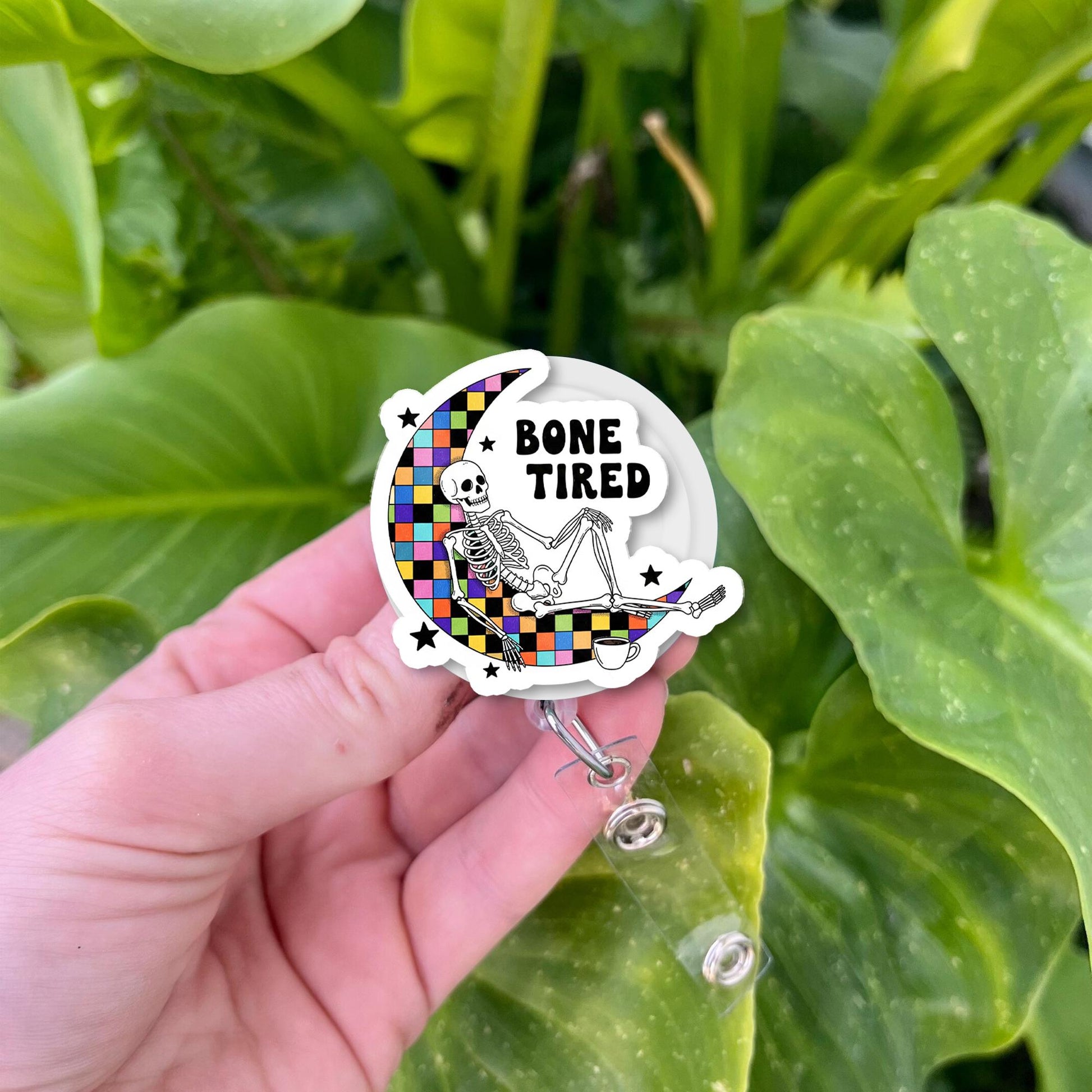 Bone Tired Skeleton Badge Reel, Tired Nurse ID Holder, Checkerboard Moon Retractable Clip, Funny Healthcare Gift, Spooky Cute Accessory