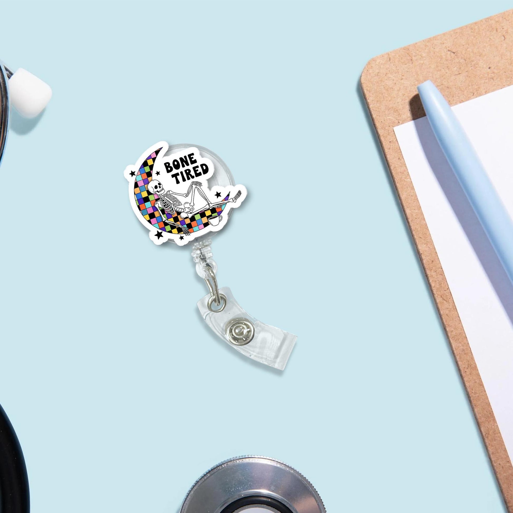 Bone Tired Skeleton Badge Reel, Tired Nurse ID Holder, Checkerboard Moon Retractable Clip, Funny Healthcare Gift, Spooky Cute Accessory
