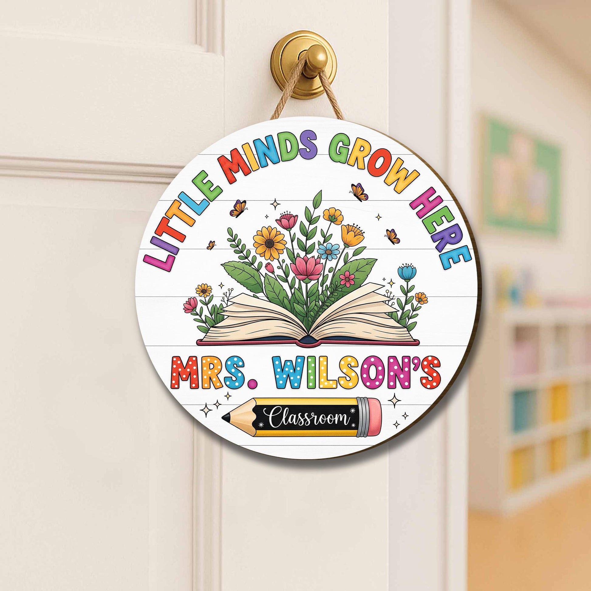 Little Minds Grow Here Classroom Sign – Personalized Round Teacher Door Sign with Name – Floral Back to School Decor, Teacher Welcome Sign