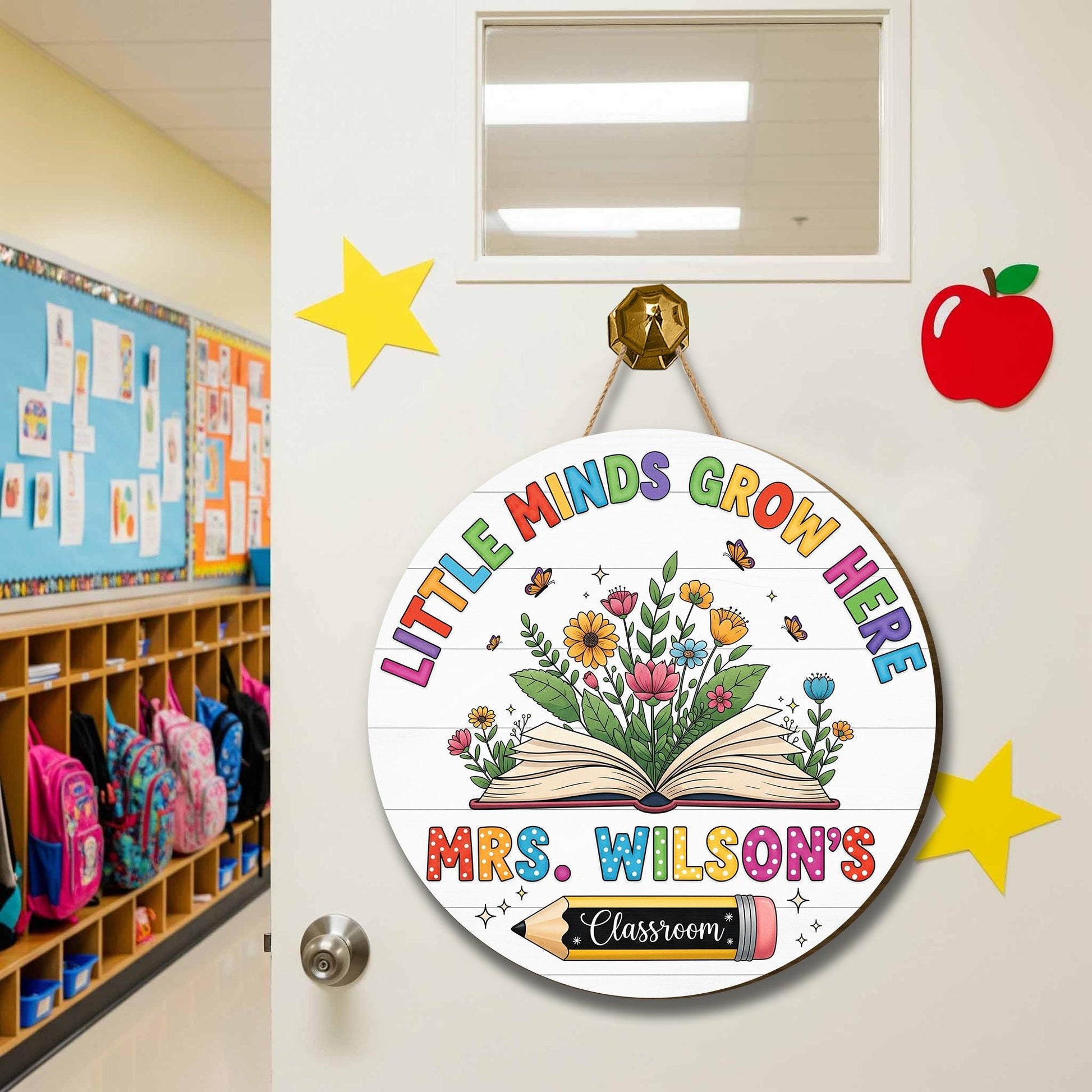 Little Minds Grow Here Classroom Sign – Personalized Round Teacher Door Sign with Name – Floral Back to School Decor, Teacher Welcome Sign