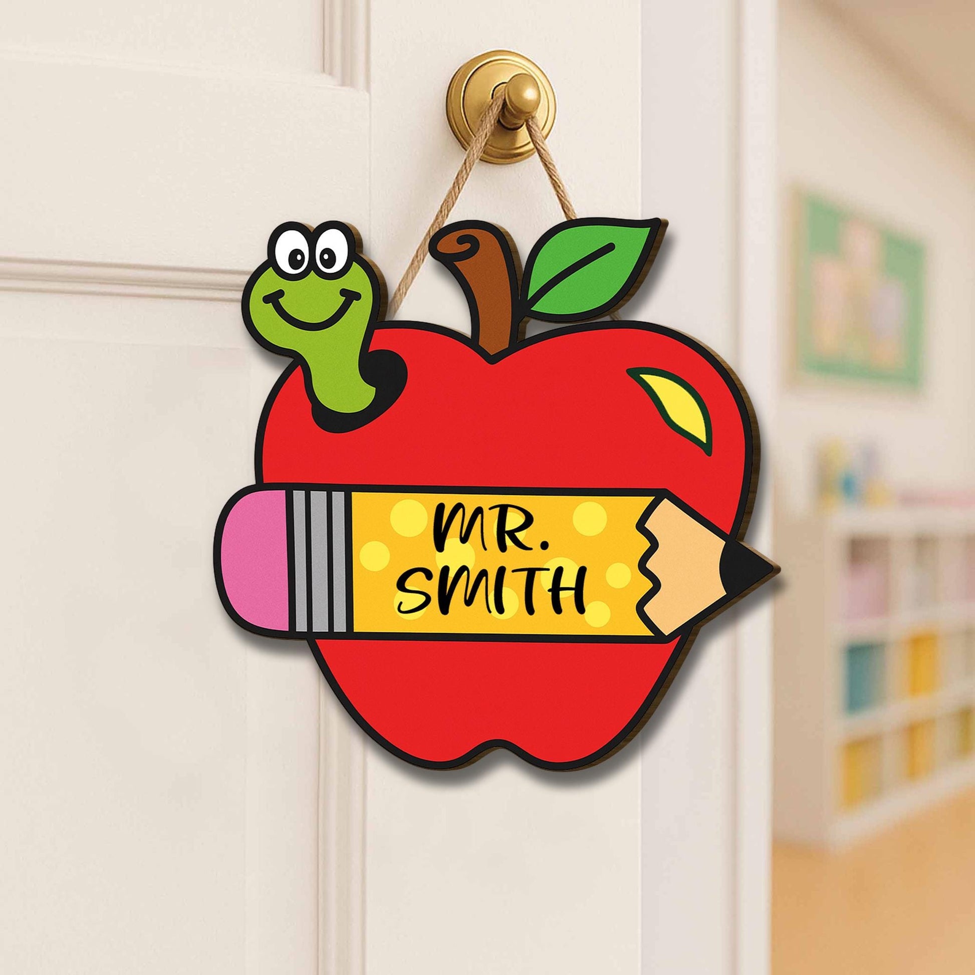 Personalized Apple Teacher Door Sign – Custom Elementary Classroom Sign with Name and Pencil – Back to School Decor for Teachers, Educators