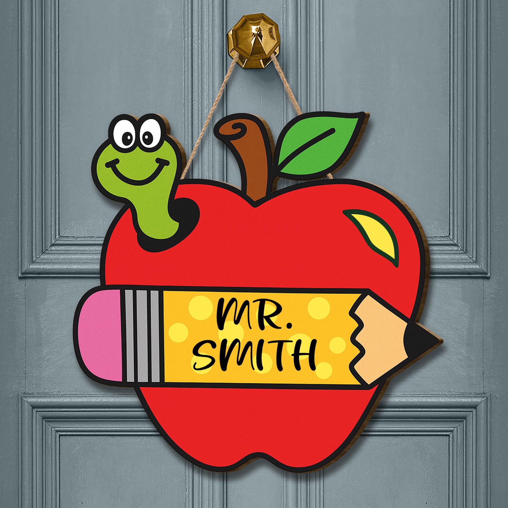 Personalized Apple Teacher Door Sign – Custom Elementary Classroom Sign with Name and Pencil – Back to School Decor for Teachers, Educators