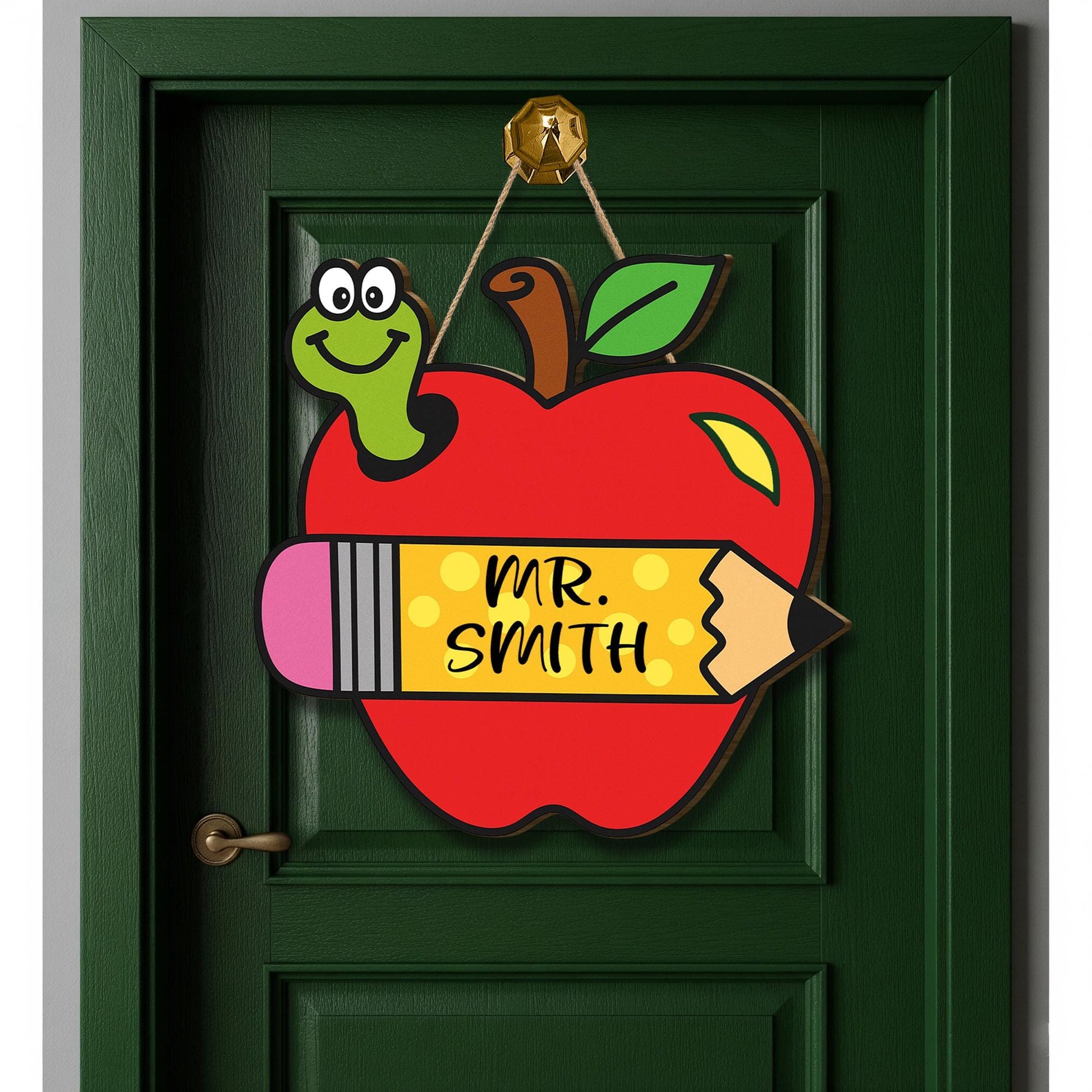 Personalized Apple Teacher Door Sign – Custom Elementary Classroom Sign with Name and Pencil – Back to School Decor for Teachers, Educators