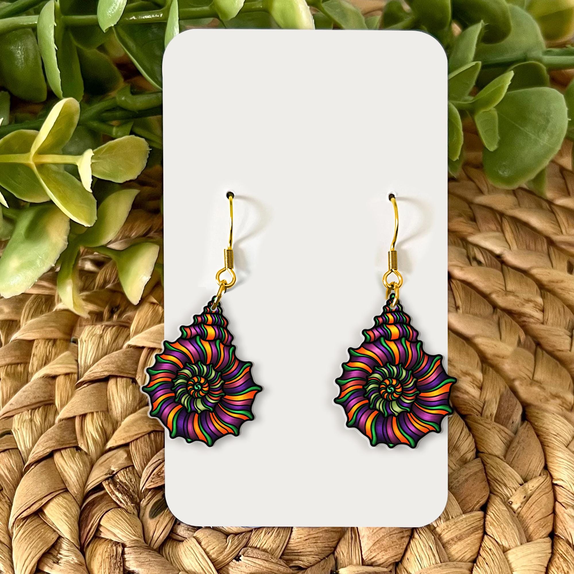 Vibrant Spiral Shell Earrings, Colorful Geometric Ocean Jewelry, Unique Summer Beach Dangles, Hypoallergenic Fish Hook, Gift for Her