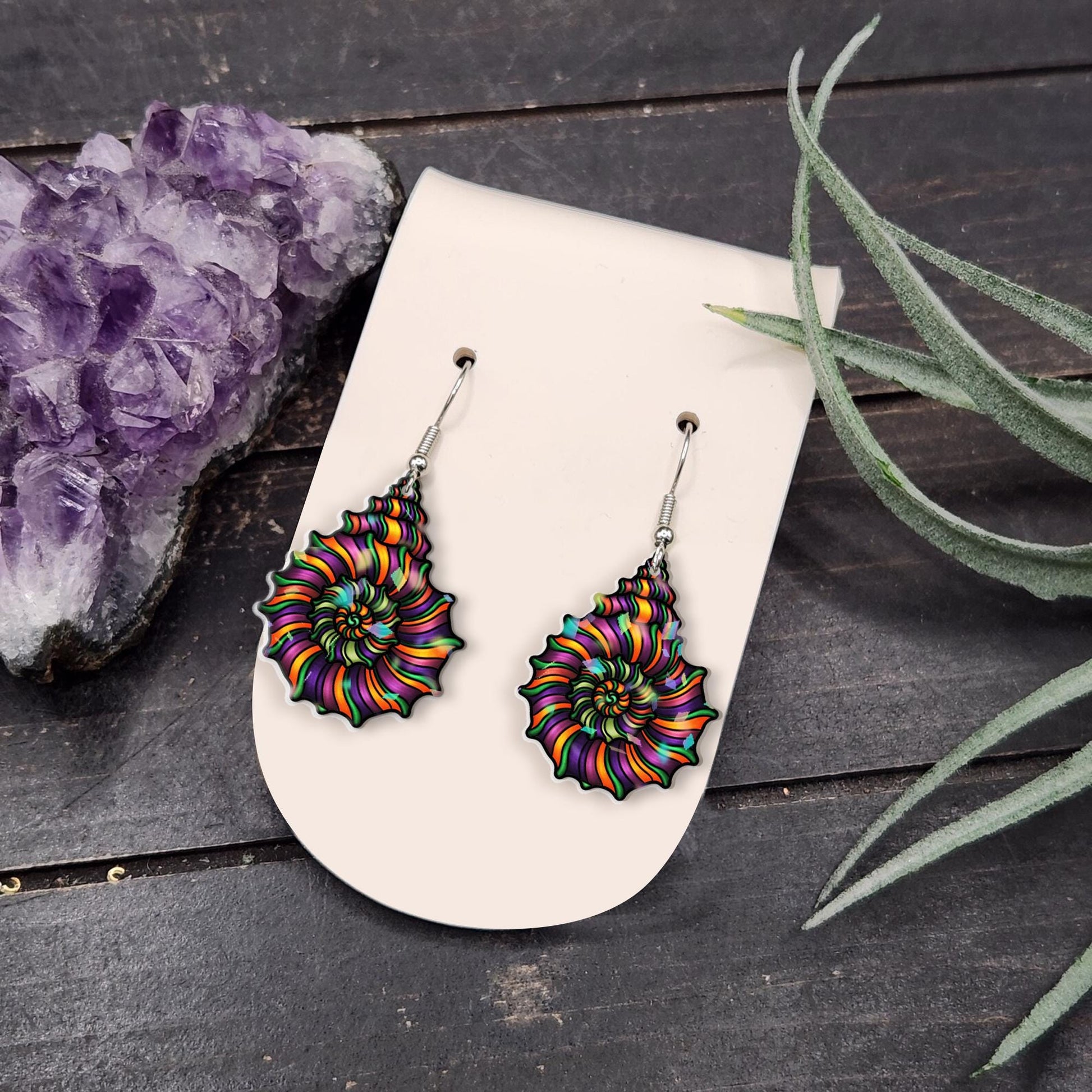 Vibrant Spiral Shell Earrings, Colorful Geometric Ocean Jewelry, Unique Summer Beach Dangles, Hypoallergenic Fish Hook, Gift for Her