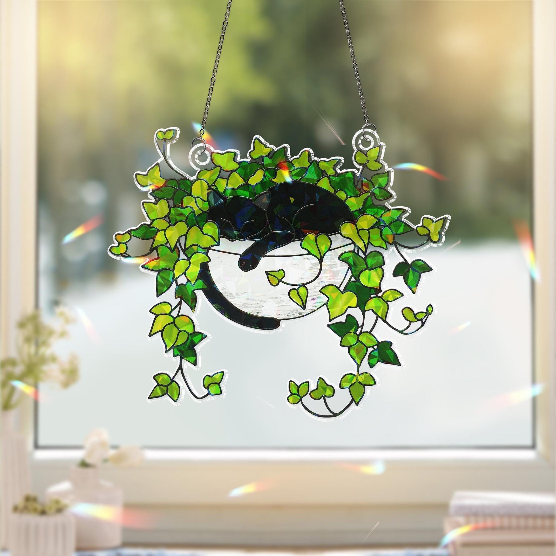 Black Cat Sleeping on Ivy Hologram Ornament, Cat ACRYLIC Window Hanging, Plant Lover Gift, Ivy Plants Decor, Cozy Cat Decor, Gift For Mom