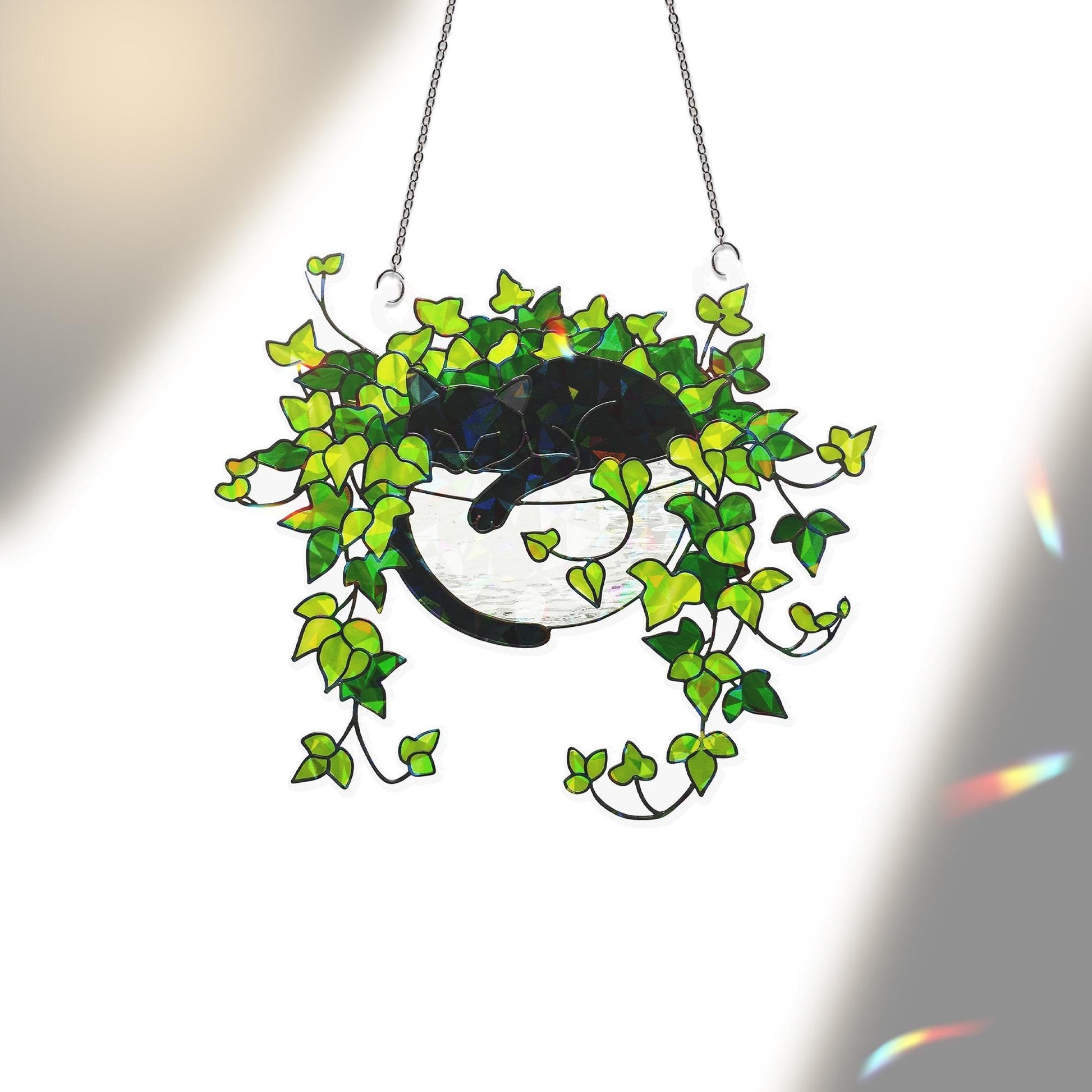 Black Cat Sleeping on Ivy Hologram Ornament, Cat ACRYLIC Window Hanging, Plant Lover Gift, Ivy Plants Decor, Cozy Cat Decor, Gift For Mom