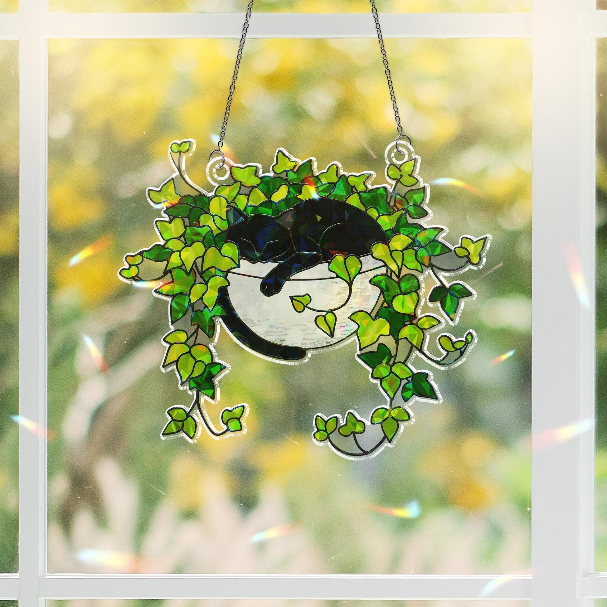 Black Cat Sleeping on Ivy Hologram Ornament, Cat ACRYLIC Window Hanging, Plant Lover Gift, Ivy Plants Decor, Cozy Cat Decor, Gift For Mom