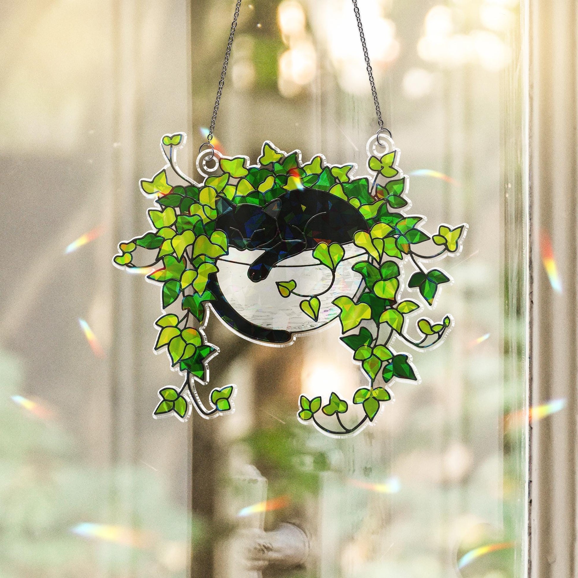 Black Cat Sleeping on Ivy Hologram Ornament, Cat ACRYLIC Window Hanging, Plant Lover Gift, Ivy Plants Decor, Cozy Cat Decor, Gift For Mom