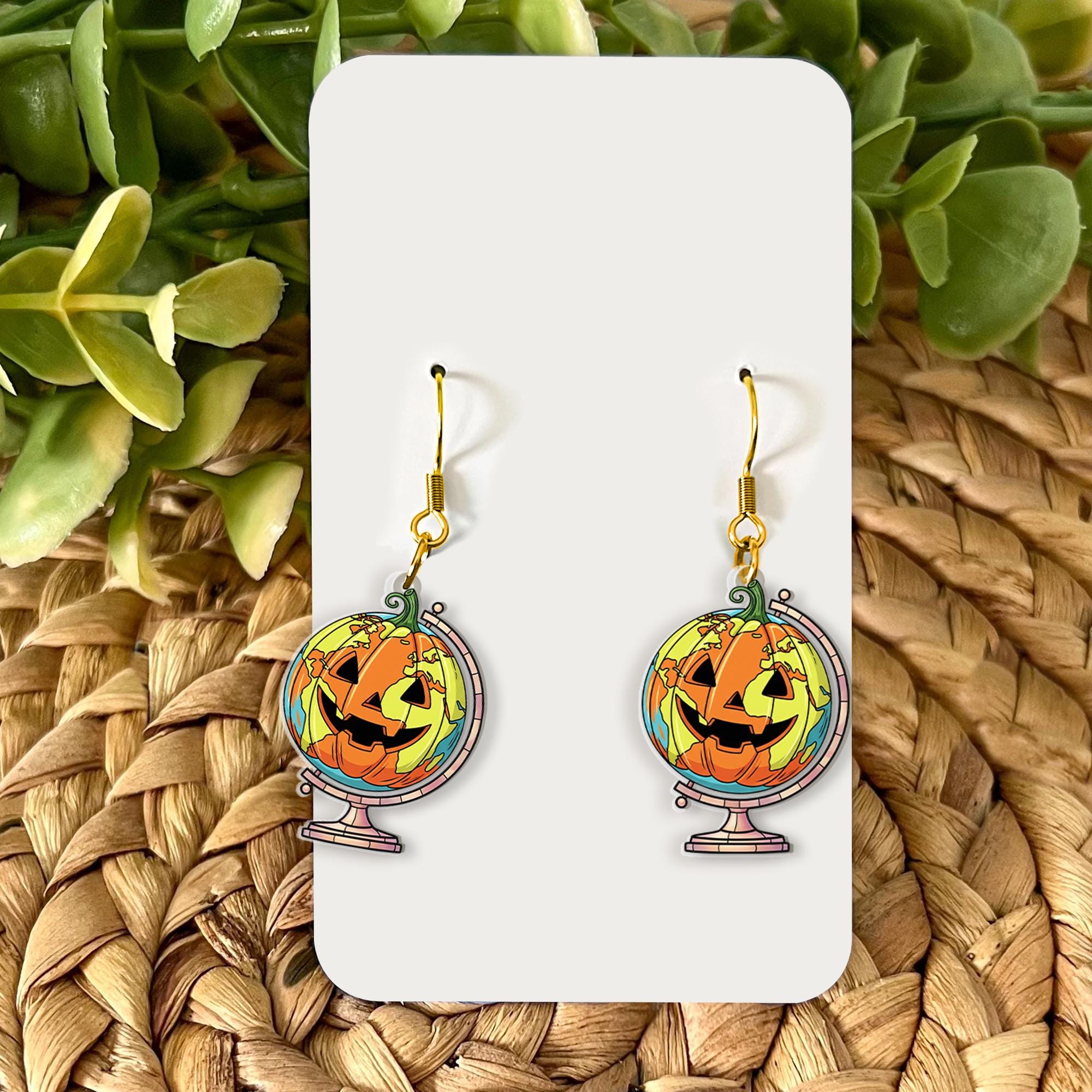 Halloween Pumpkin Globe Earrings, Spooky World Traveler Jewelry, Jack O'Lantern Earth Dangles, Unique Fall Accessory, Gift for Her