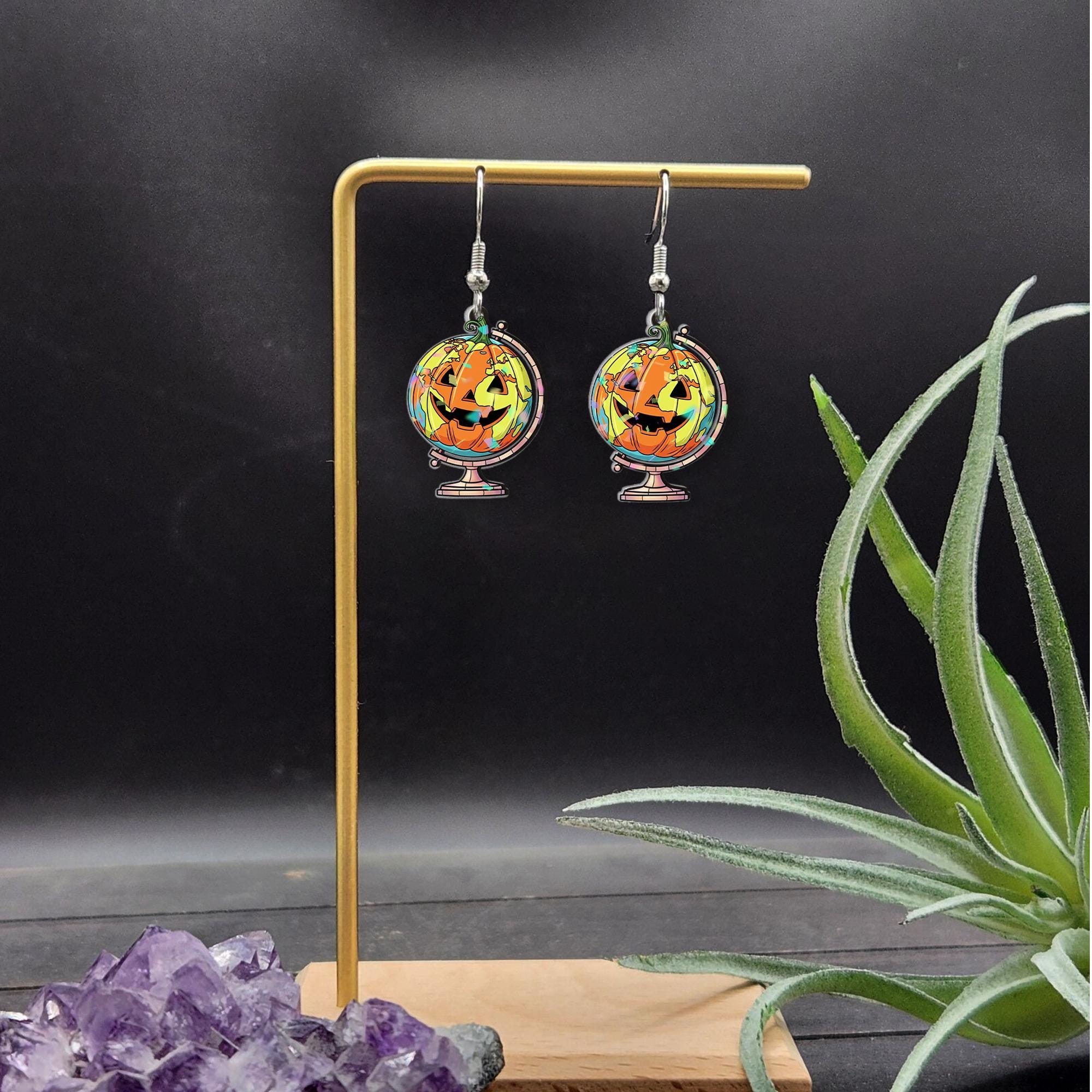Halloween Pumpkin Globe Earrings, Spooky World Traveler Jewelry, Jack O'Lantern Earth Dangles, Unique Fall Accessory, Gift for Her