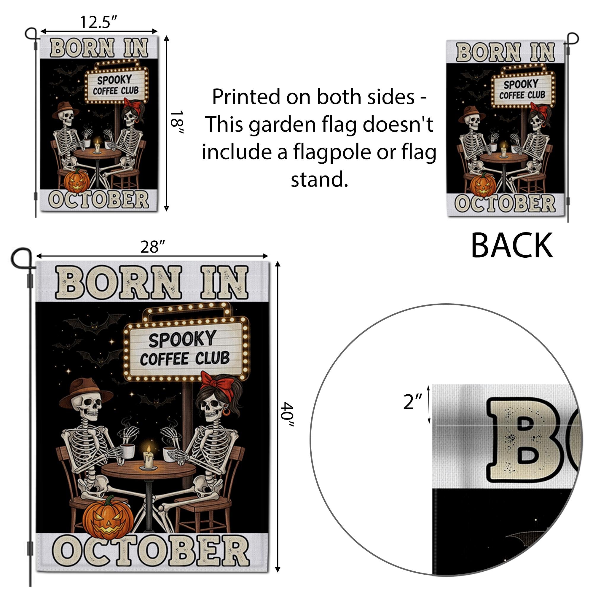 Born in October Garden Flag – Spooky Coffee Club Skeletons Halloween Fall Yard Decor, Funny October Birthday Outdoor Decoration