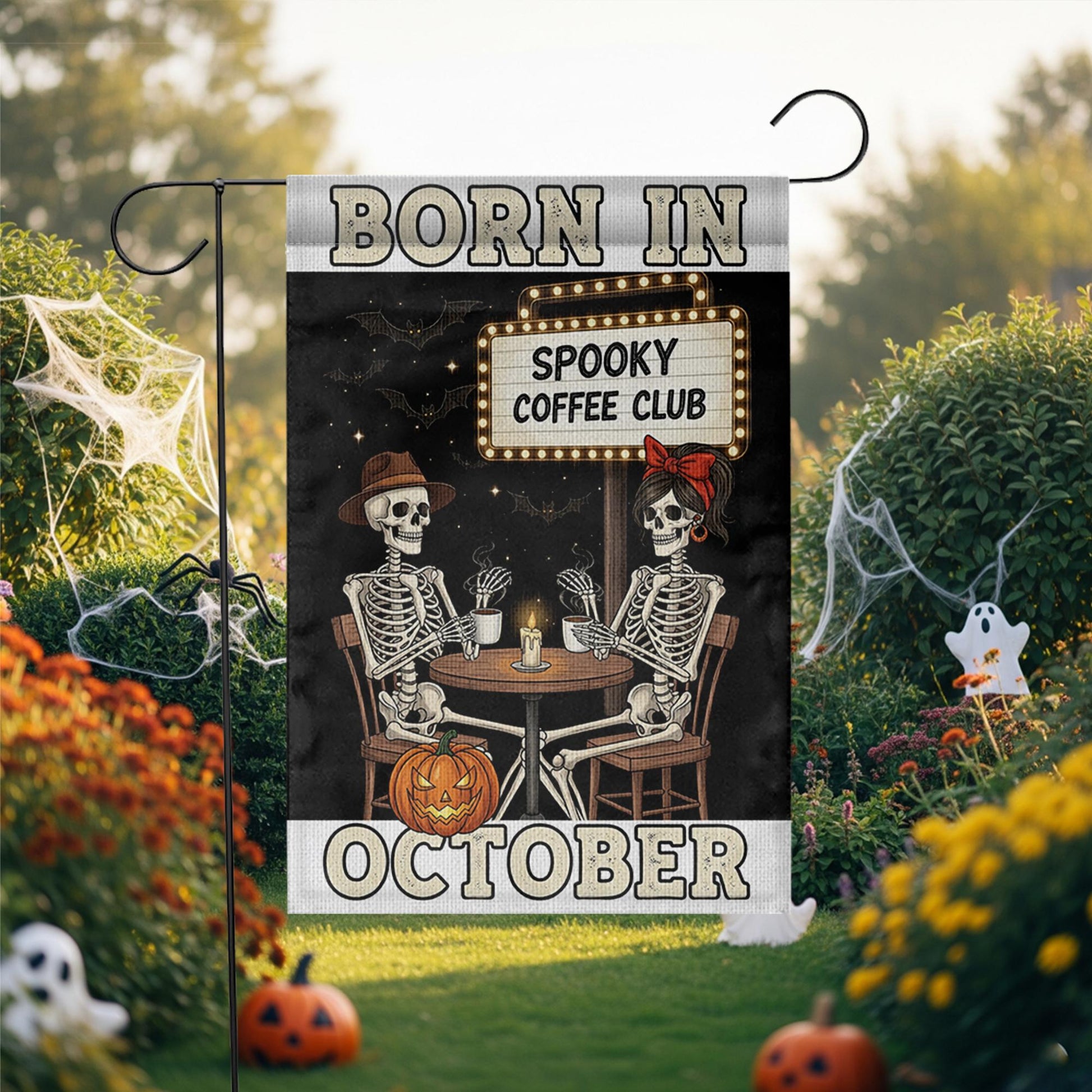 Born in October Garden Flag – Spooky Coffee Club Skeletons Halloween Fall Yard Decor, Funny October Birthday Outdoor Decoration