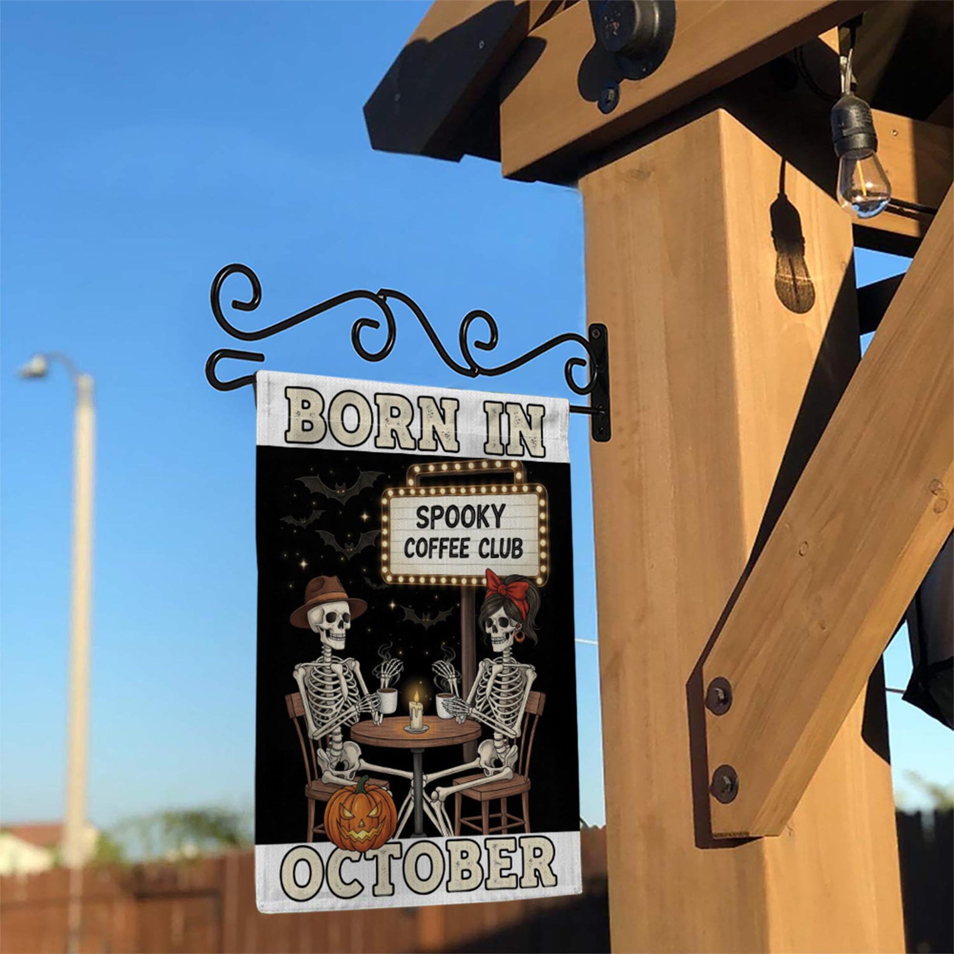 Born in October Garden Flag – Spooky Coffee Club Skeletons Halloween Fall Yard Decor, Funny October Birthday Outdoor Decoration