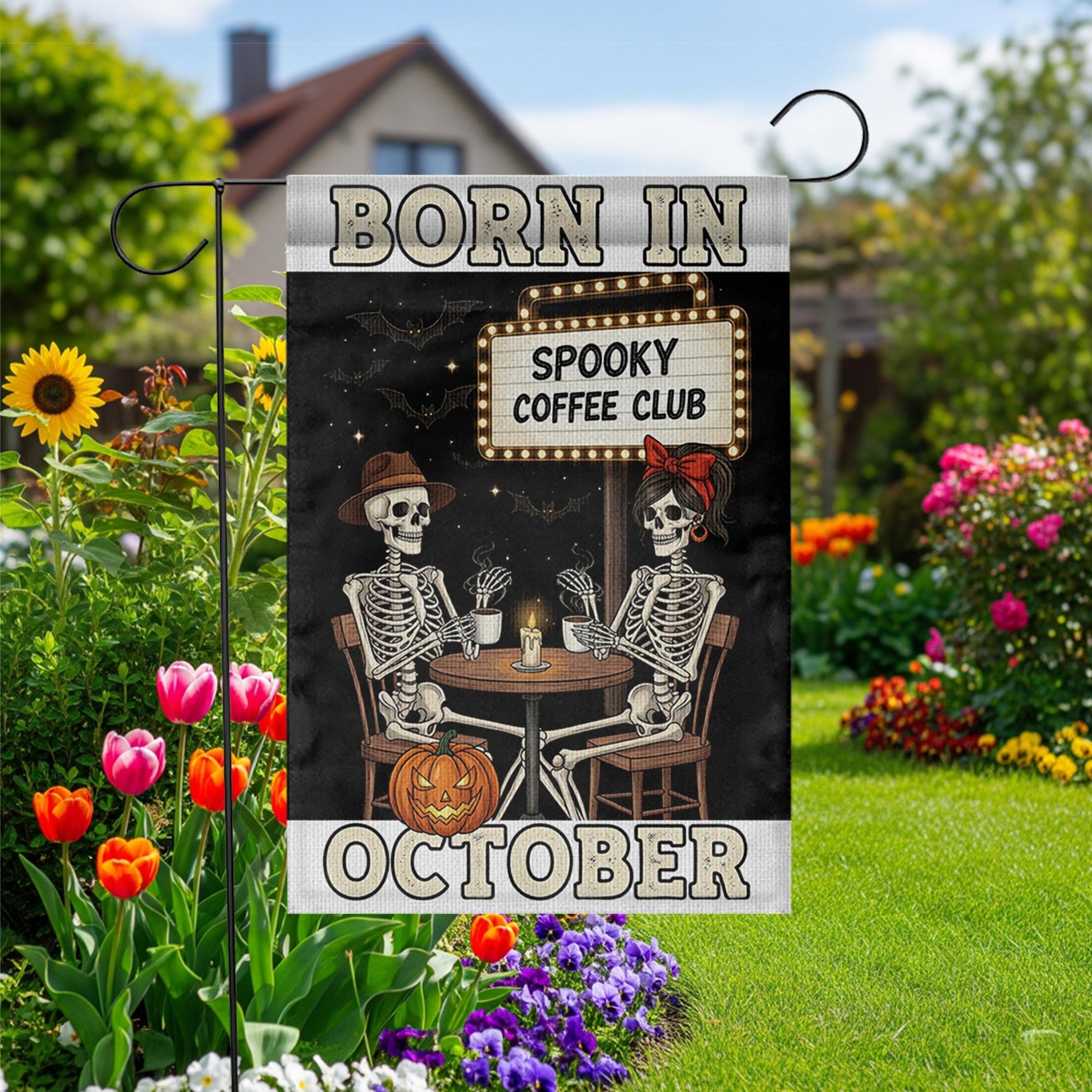 Born in October Garden Flag – Spooky Coffee Club Skeletons Halloween Fall Yard Decor, Funny October Birthday Outdoor Decoration