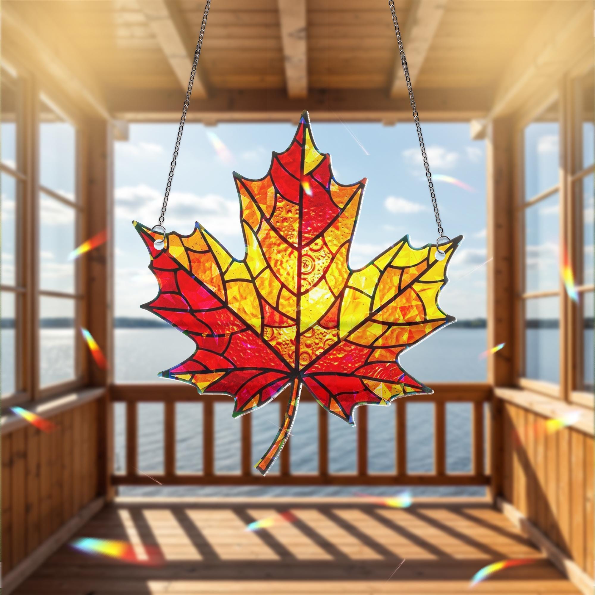 Autumn Maple Leaf Acrylic Suncatcher, Autumn Window Hanging, Holographic Fall Leaf Decor, Red Yellow Leaf Ornament, Door Accent