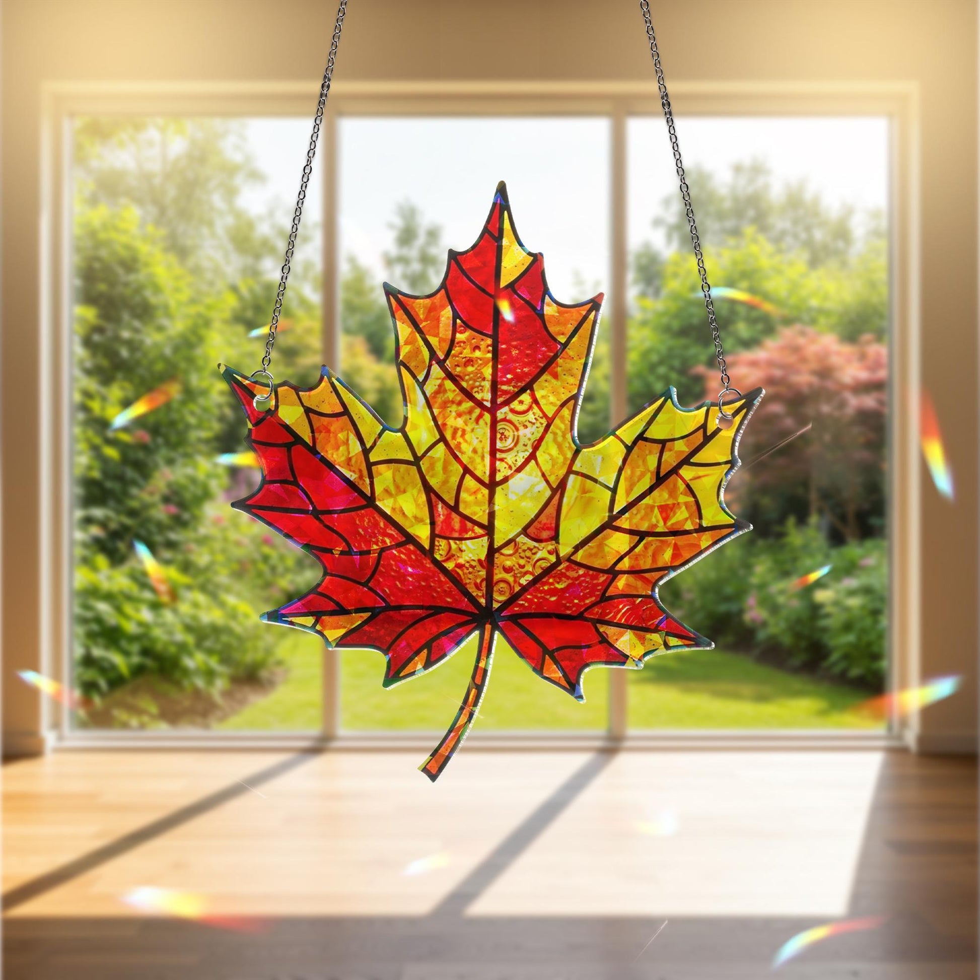 Autumn Maple Leaf Acrylic Suncatcher, Autumn Window Hanging, Holographic Fall Leaf Decor, Red Yellow Leaf Ornament, Door Accent