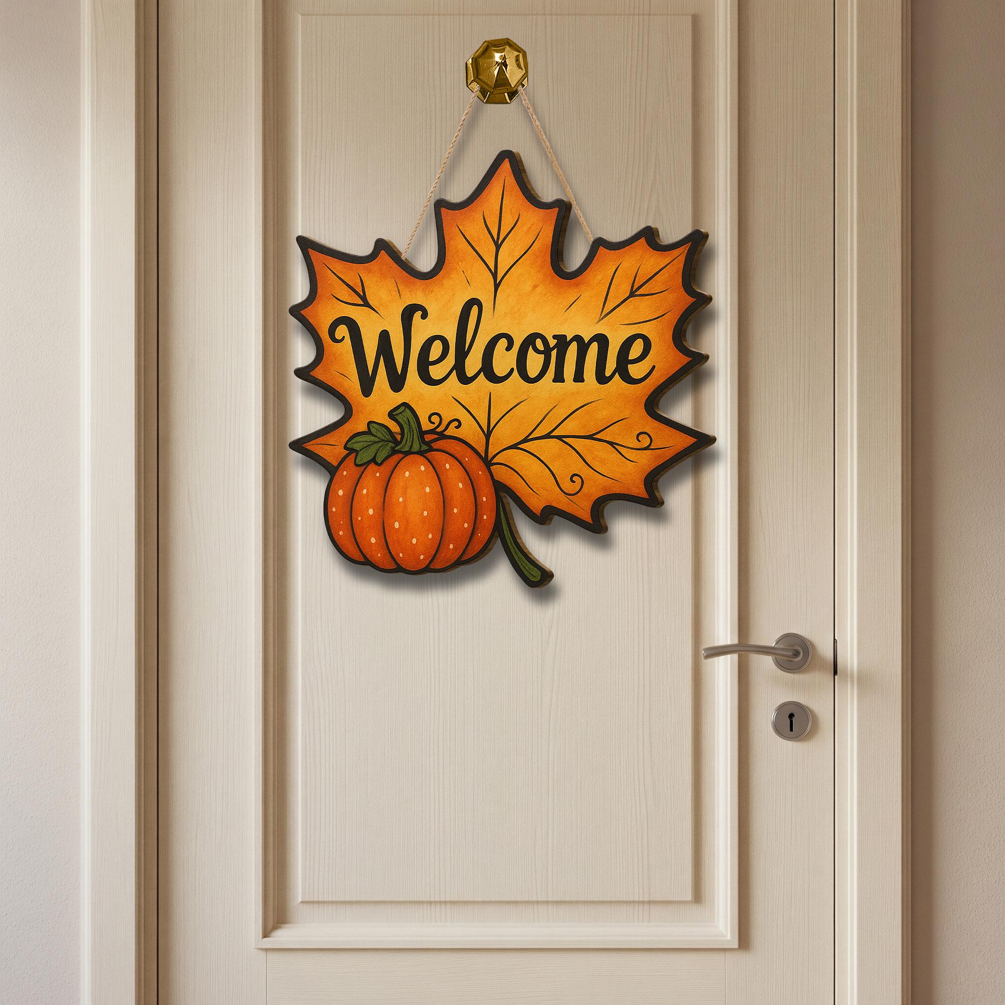 3D Wooden Welcome Sign, Fall Leaf Door Hanger with Pumpkin, Autumn Front Porch Decor, Rustic Seasonal Wall Art, Thanksgiving Sign