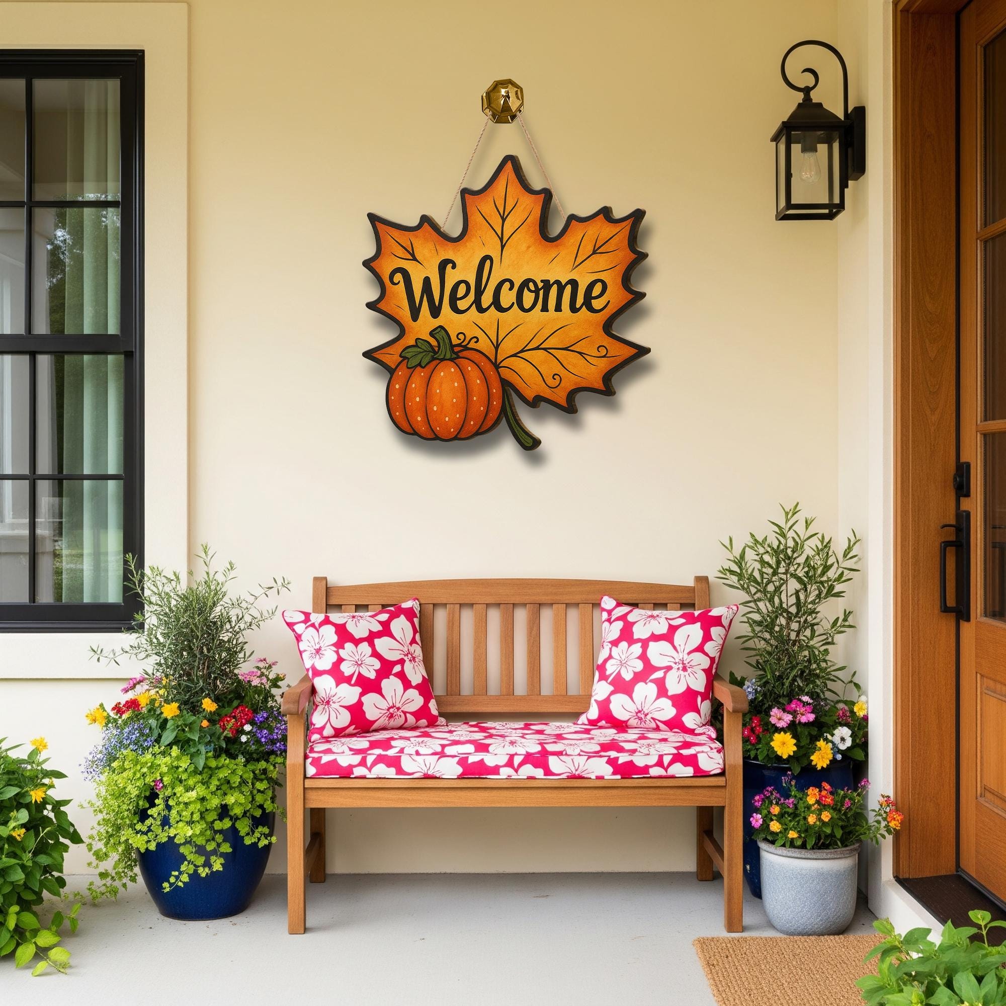 3D Wooden Welcome Sign, Fall Leaf Door Hanger with Pumpkin, Autumn Front Porch Decor, Rustic Seasonal Wall Art, Thanksgiving Sign