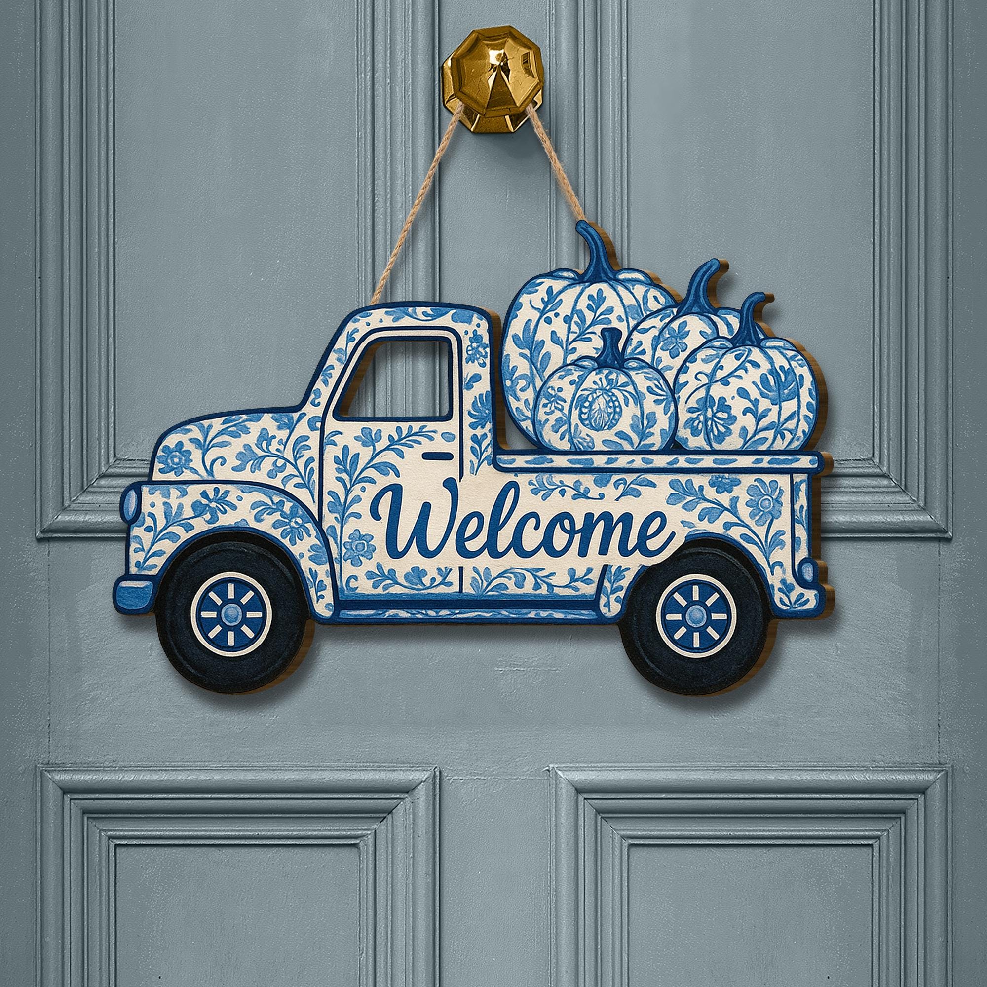 Chinoiserie Truck Door Sign, Blue and White Pumpkin Decor, Fall Welcome Wooden Sign, Front Porch Autumn Hanger, Farmhouse Style Art